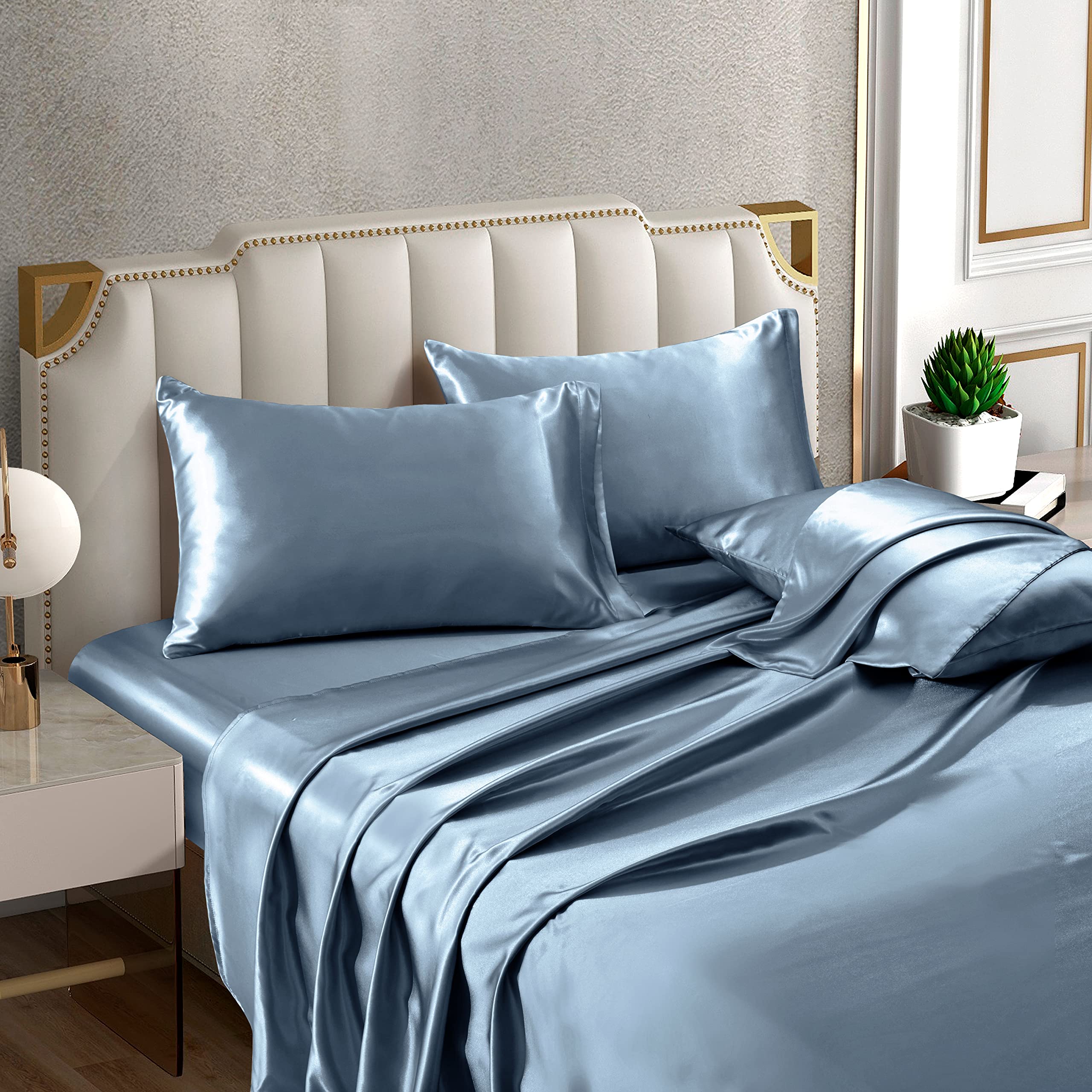 Horbaunal 6 Piece Satin Sheet Set Queen Size Luxury Silky & Soft Dusty Blue Satin Queen Bed Sheet Set With 16'' Deep Pocket, 1 F