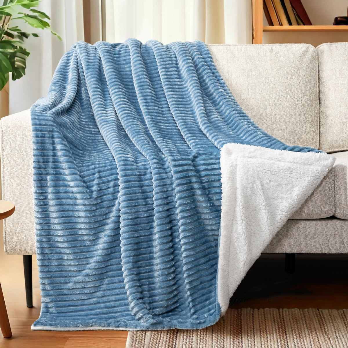 Pavilia Dusty Blue Sherpa Fleece Throw Blanket For Couch, Soft Plush Fuzzy Blankets, Fluffy Flannel Sherpa Blanket For Sofa, War