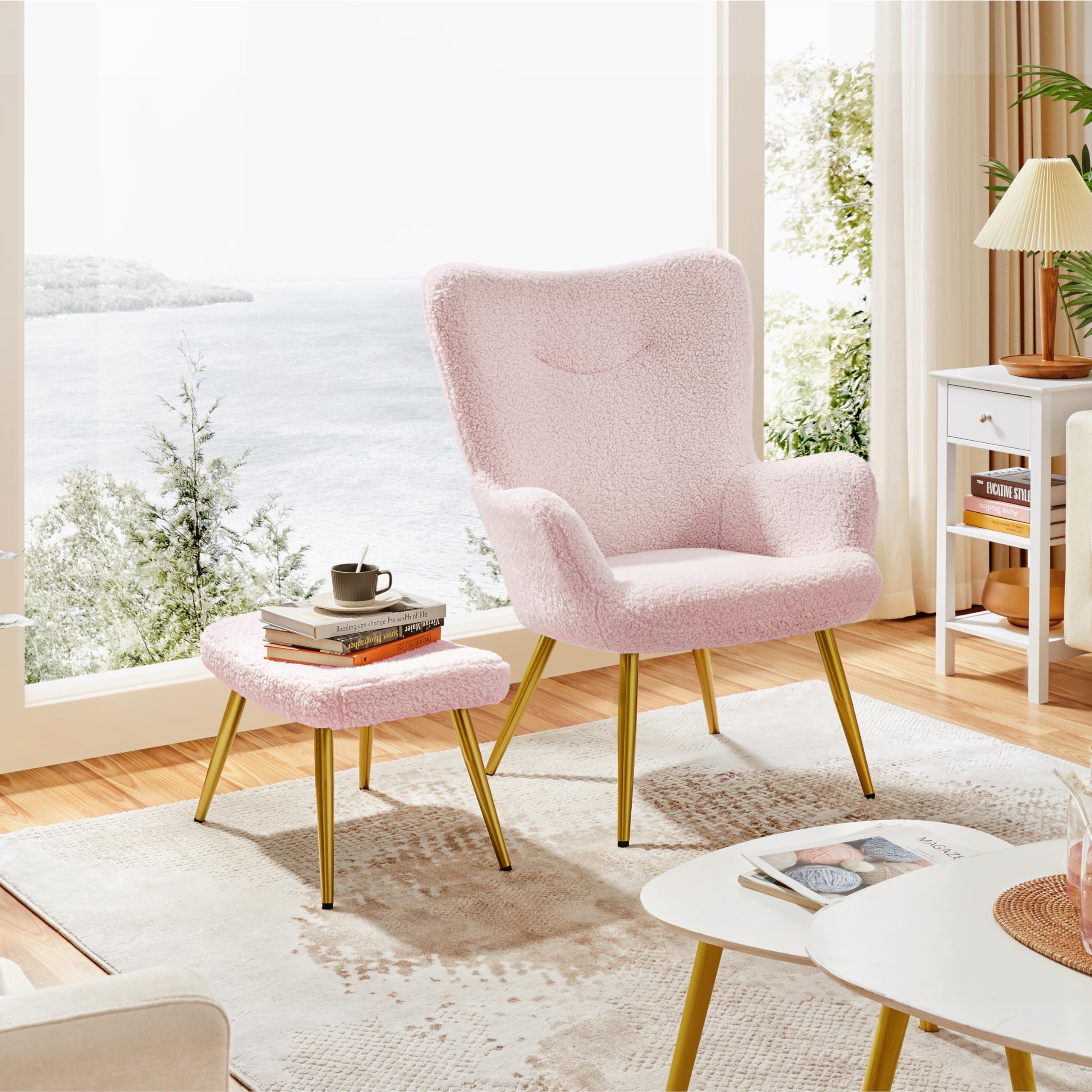 Yaheetech Accent Chair with Ottoman, Boucle Fabric Armchair Footstool, Modern and Cozy Vanity Chair with Golden Legs for Living 