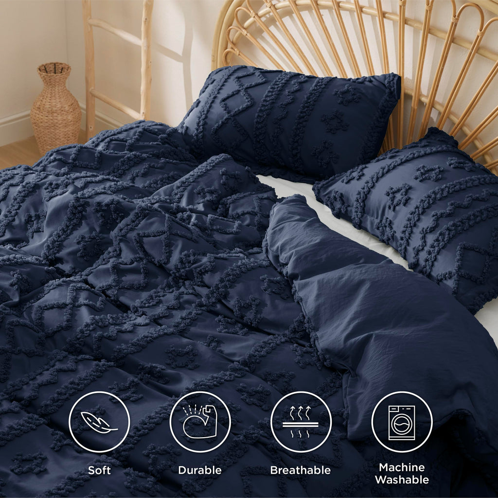Bedsure Boho Duvet Cover Queen Size - Tufted Duvet Cover Queen Set For All Seasons, 3 Pieces Soft Shabby Chic Embroidery Boho Bedding, Comforter Not Included (Navy, 90' X 90')