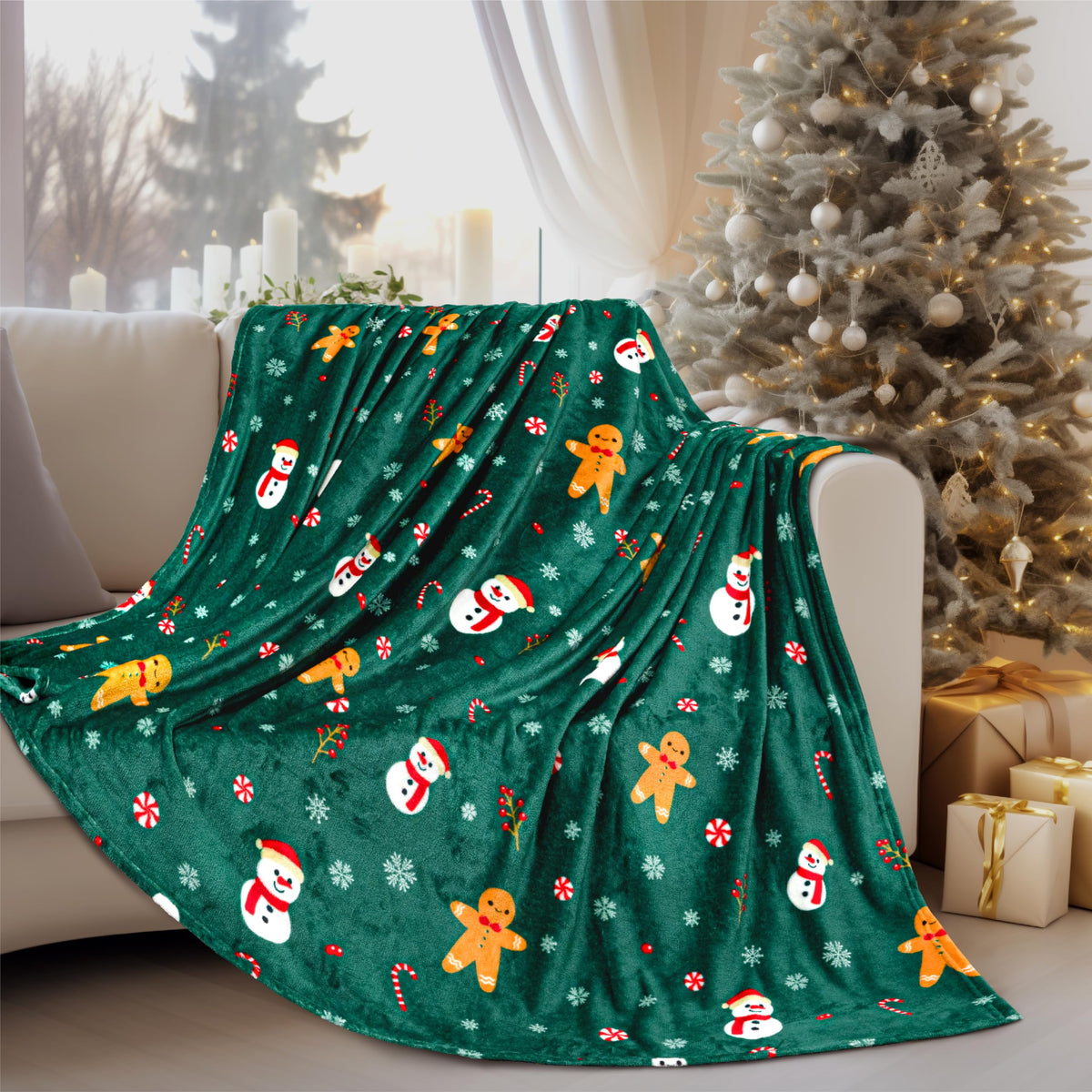 Pavilia Christmas Gingerbread Throw Blanket | Green Holiday Christmas Fleece Blanket | Soft, Plush, Warm Winter Cabin Throw, 50X