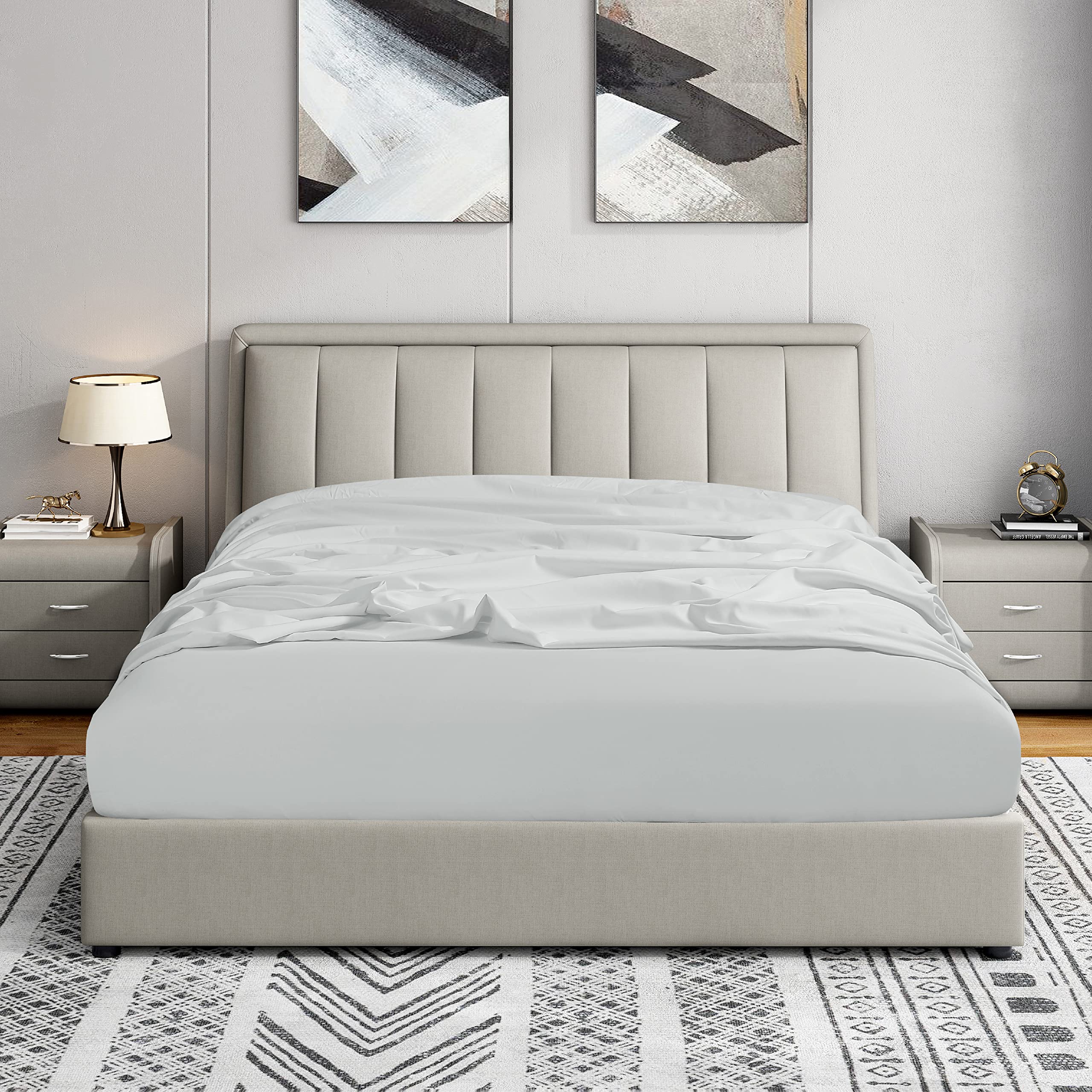 Cathay Home Queen Fitted Sheet - Double Brushed Ultra Soft – Wrinkle & Fade Resistant - 14' Standard Pocket Fitted Sheet Only - Good Fit For 12'-16' Deep Mattress (Queen, Light Gray)