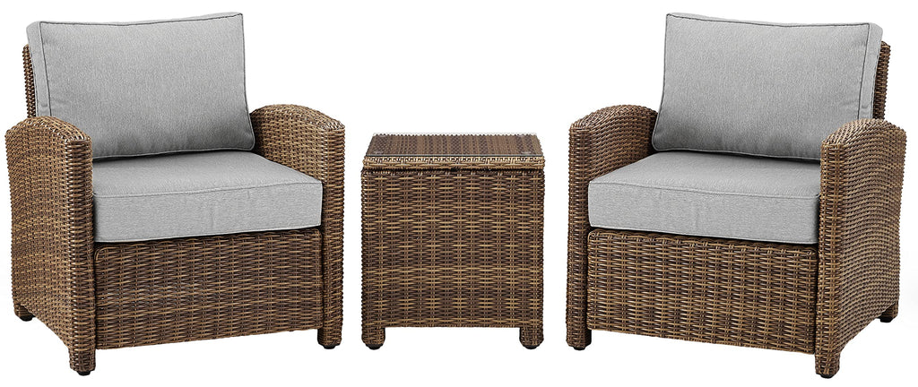Crosley Furniture Bradenton 3-Piece Outdoor Chair and Side Table Set, Wicker Patio Conversation Sets, Brown with Gray Cushions