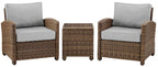 Crosley Furniture Bradenton 3-Piece Outdoor Chair and Side Table Set, Wicker Patio Conversation Sets, Brown with Gray Cushions