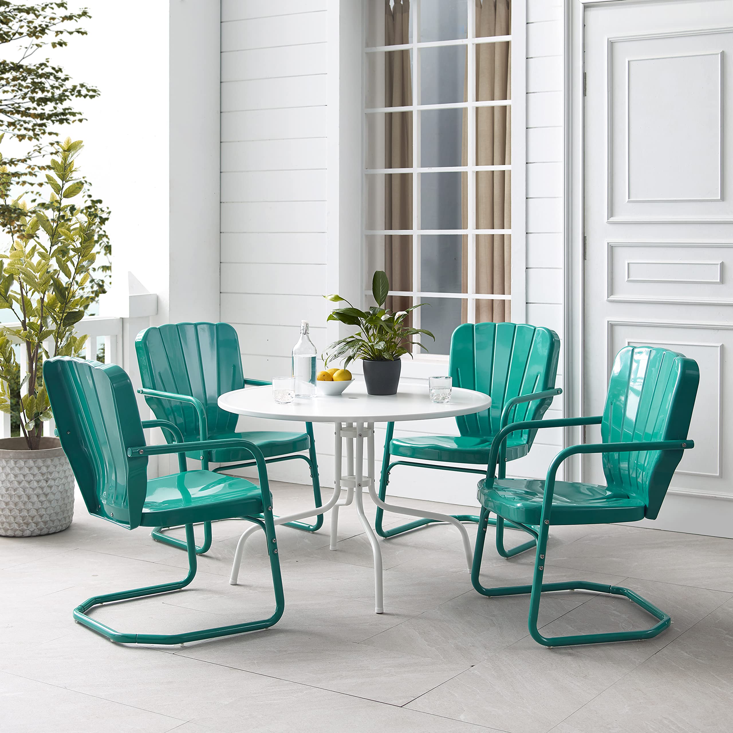 Crosley Furniture Ridgeland 5-Piece Outdoor Dining Set for 4, Retro Metal Round Patio Table and Chairs, Turquoise Gloss