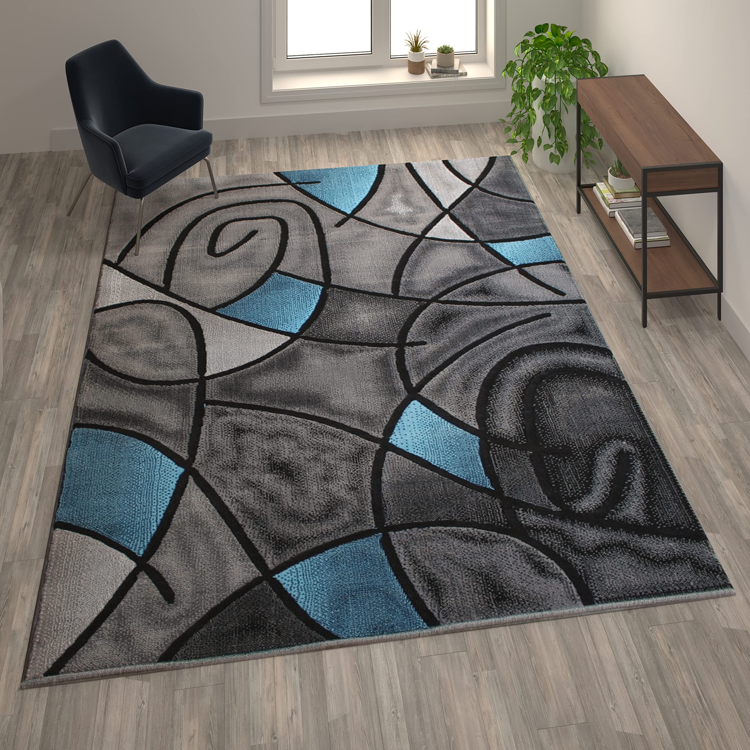 Flash Furniture Jubilee Collection Abstract Area Rug - Colorfast Blue Olefin Rug - 8' X 10' Area Rug - Jute Backing - Living Room, Bedroom, & Family Room