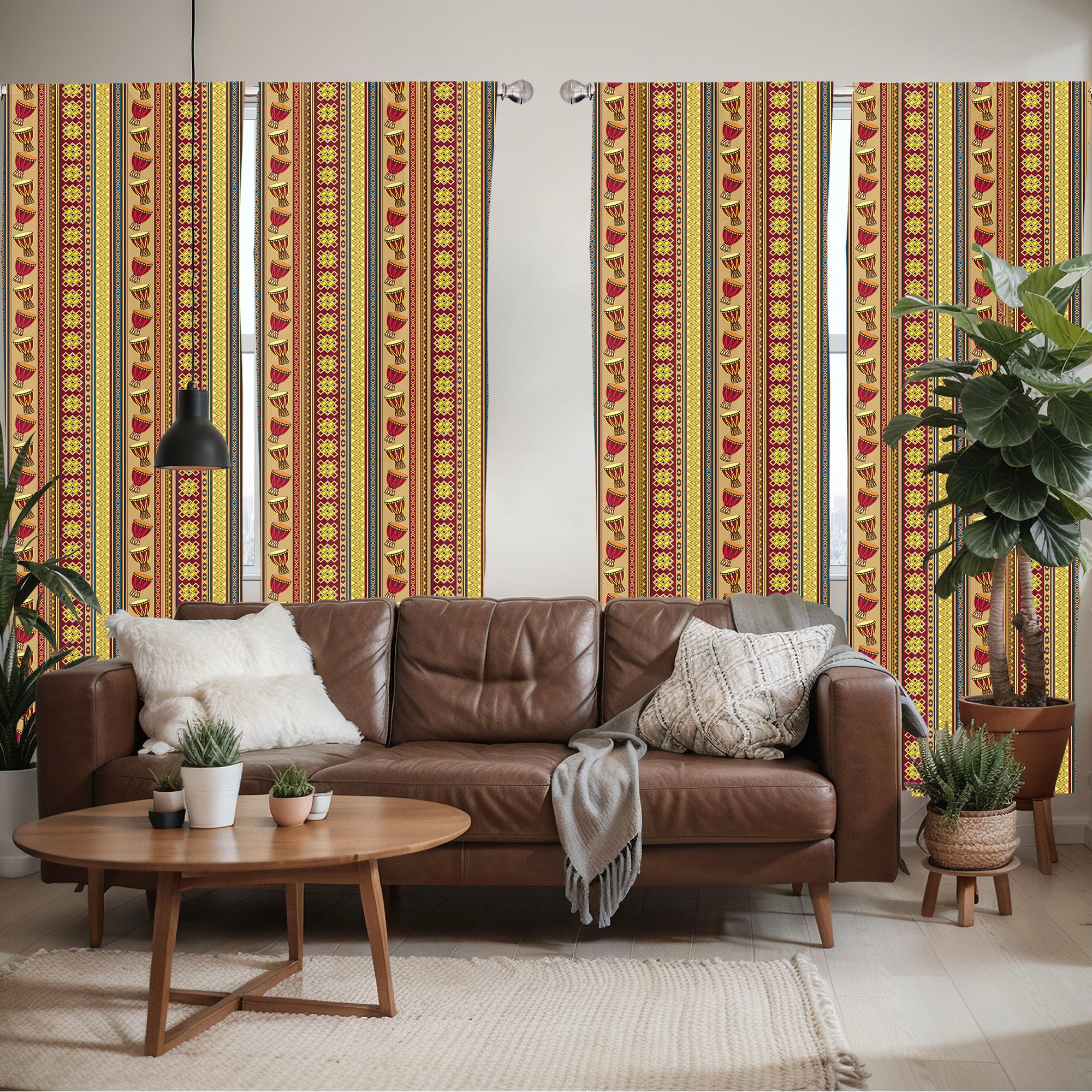 Ambesonne African Window Curtains Pack Of 2, Oriental Djembe Drums Music Culture In Theme Geometric Chevrons Triangles, Lightwei