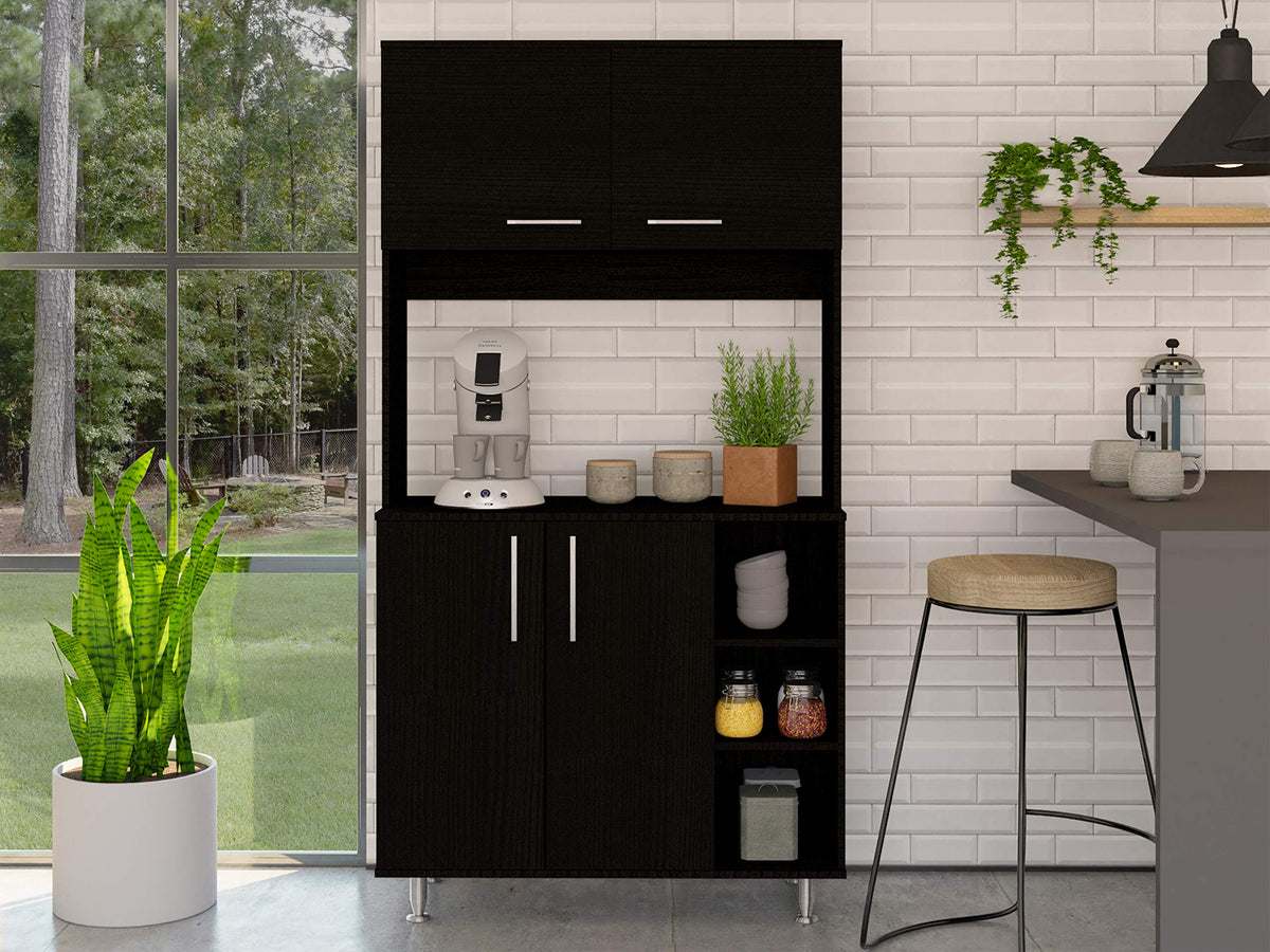 Malta Kitchen Pantry Double Door Cabinet, 4 Legs, 3 Shelves, Black