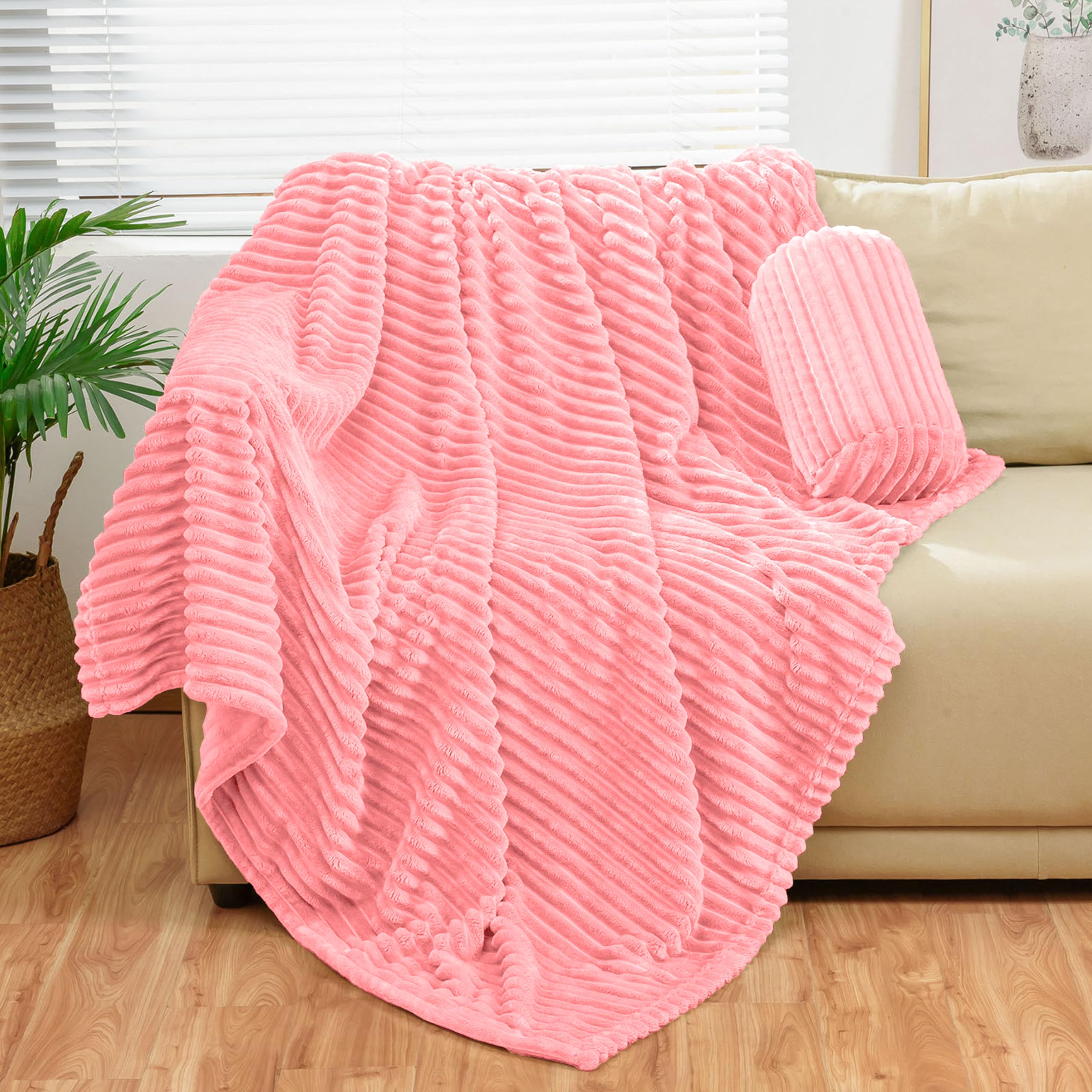 Bnuitland Light Pink Flannel Throw With Storage Pouch,300Gsm Super Soft Fleece Stripe Pattern Sofa Blanket For Adults And Kids,