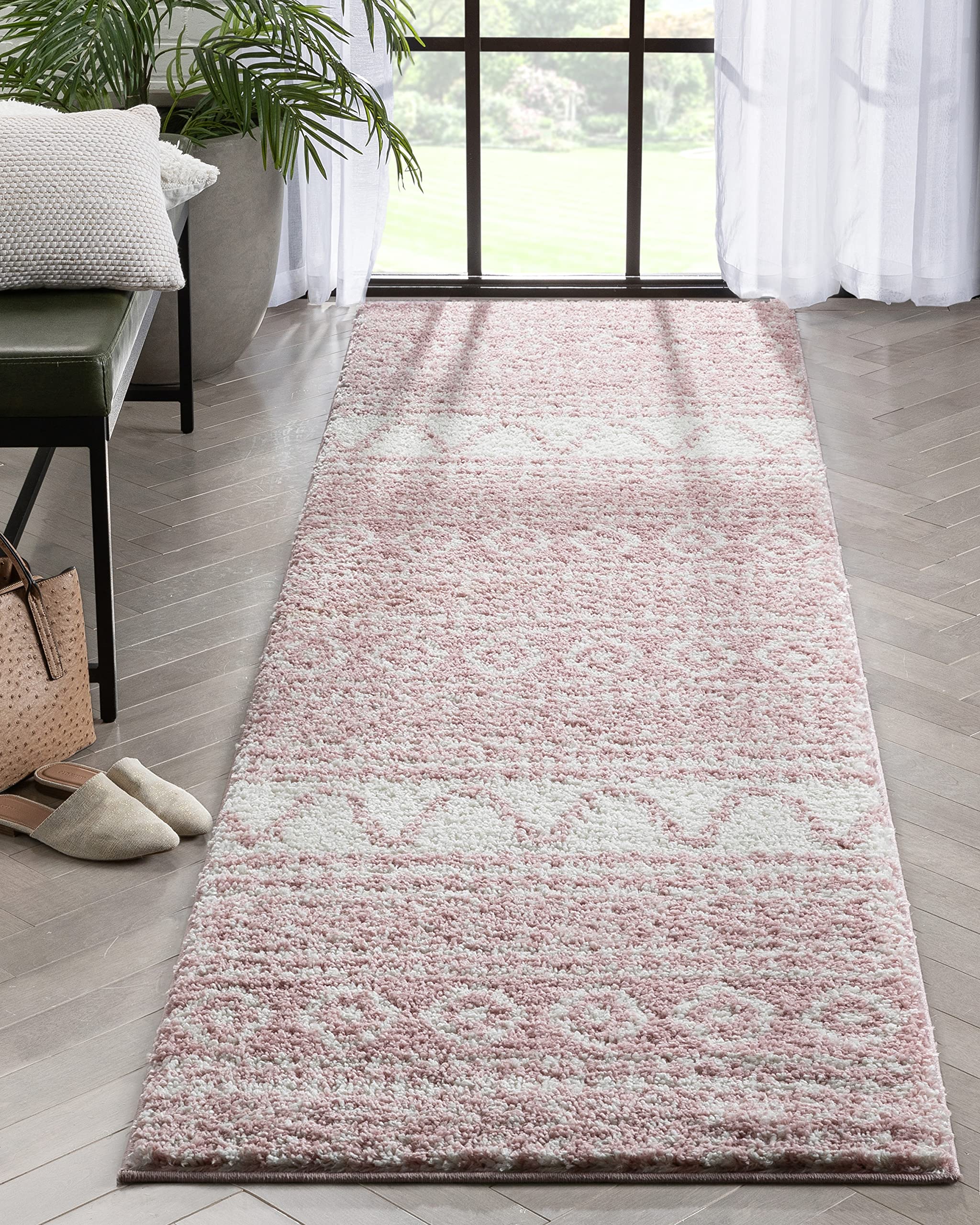Well Woven Tribal Diamond Stripes Shag Blush Pink Cozy 1  Thick Mat (2  x 3 )
