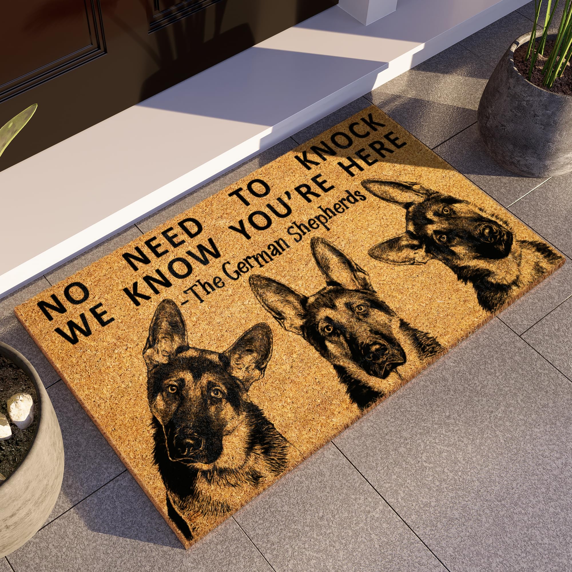 The German Shepherds Door Mat, Three German Shepherd We Know You Are Here Door Mats, Funny German Shepherd Doormat Side View, We