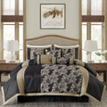 Chezmoi Collection Kelsey Comforter Set California King Size, 7-Piece Black Gold Hibiscus Floral Jacquard Bedding Set