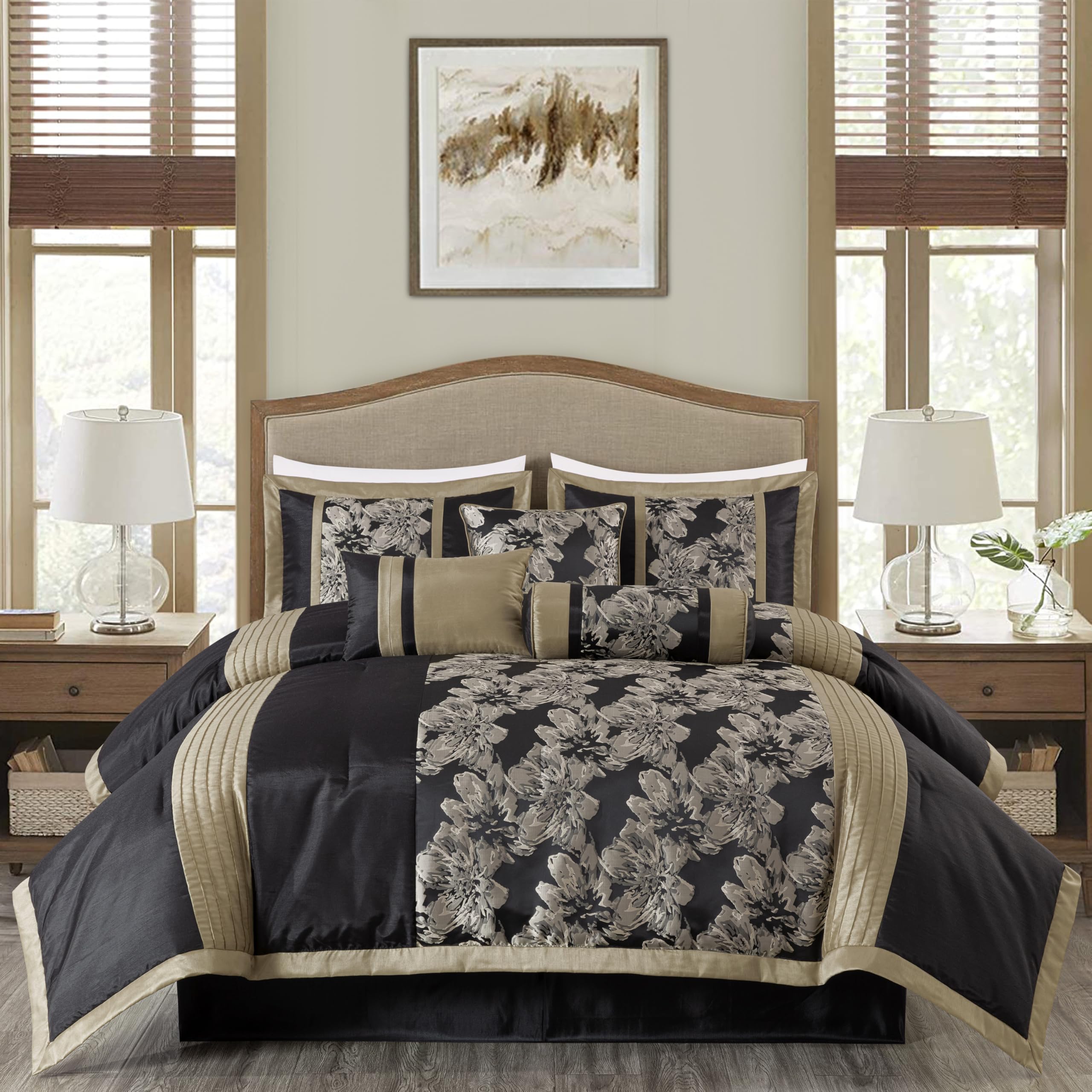 Chezmoi Collection Kelsey Comforter Set California King Size, 7-Piece Black Gold Hibiscus Floral Jacquard Bedding Set