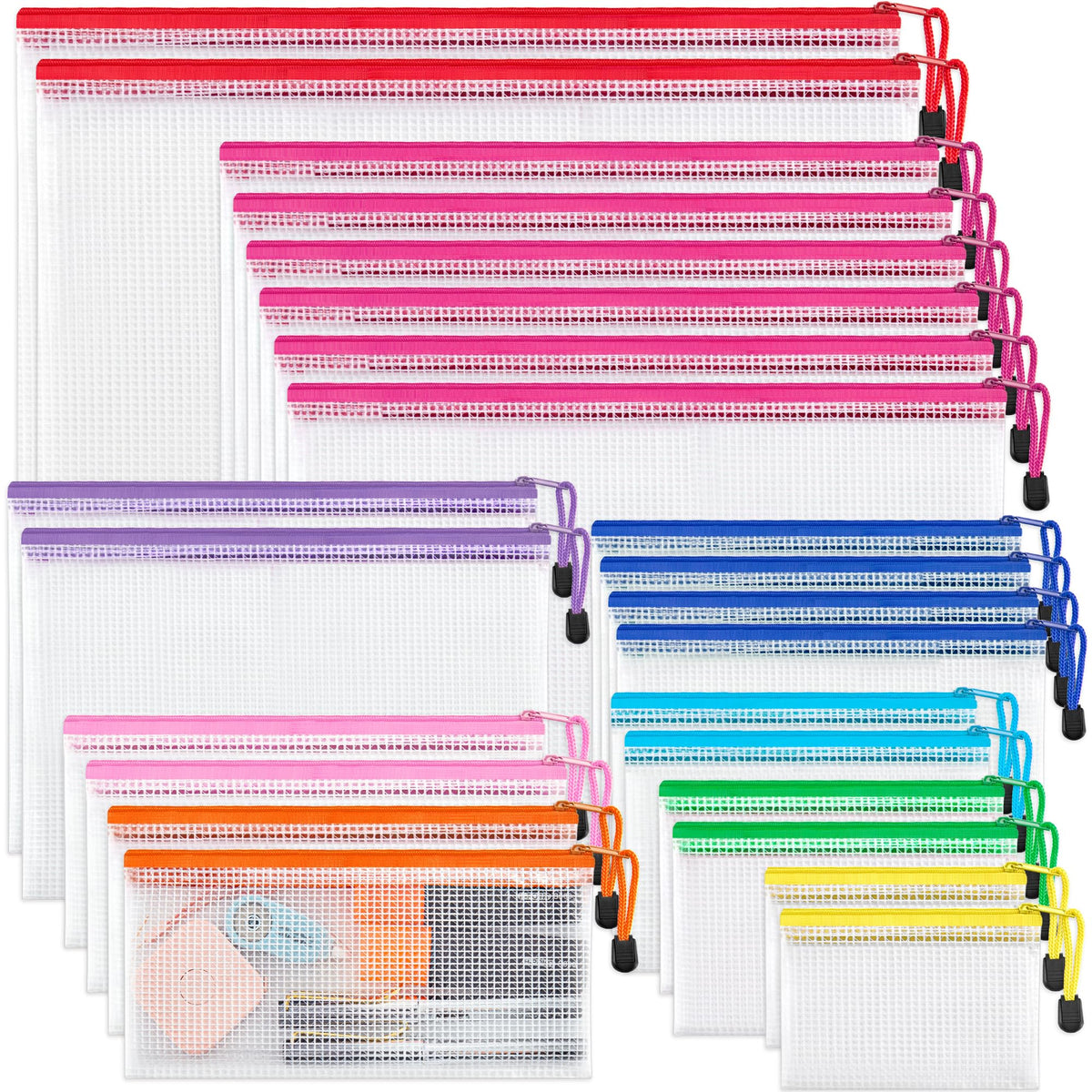 Jarlink 24 Pack 8 Sizes Mesh Pouch, 9 Colors, Waterproof Zipper File Bags Document Multipurpose Travel Bags For Office, School,