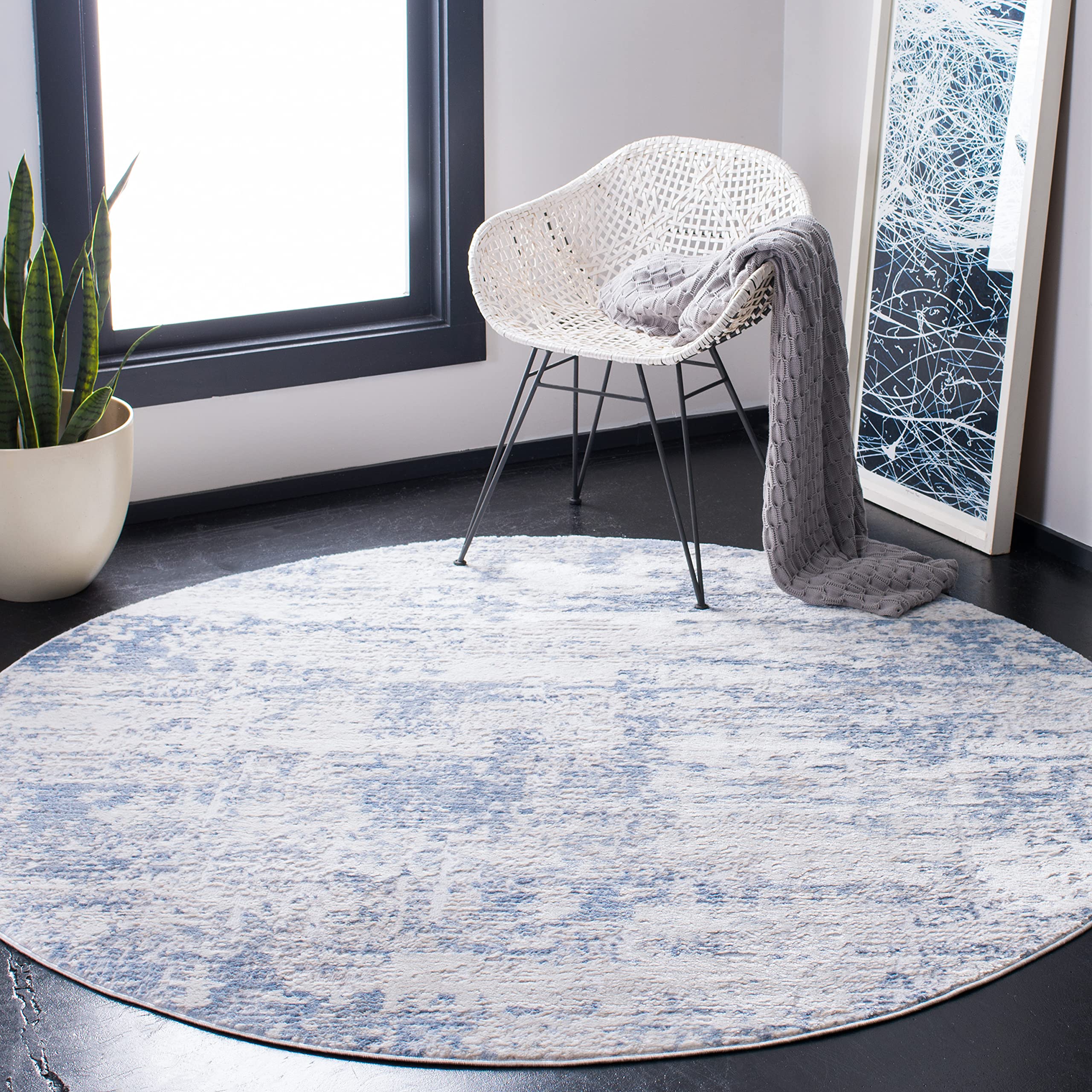 Safavieh Amelia Collection Area Rug - 10 Round, Ivory & Blue, Modern Abstract Design, Non-Shedding & Easy Care, Ideal for High 