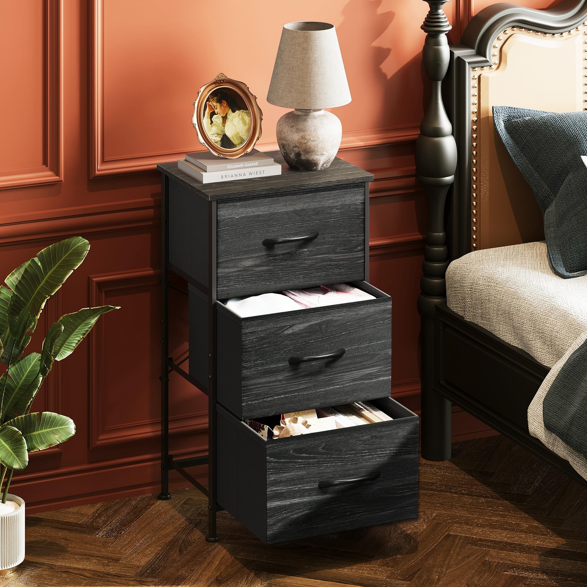 Wlive Nightstand With 3 Drawers, Fabric Dresser, Organizer Unit, Storage Dresser For Bedroom, Hallway, Entryway, Closets, Steel Frame, Wood Top, Easy Pull Handle, Charcoal Black Wood Grain Print
