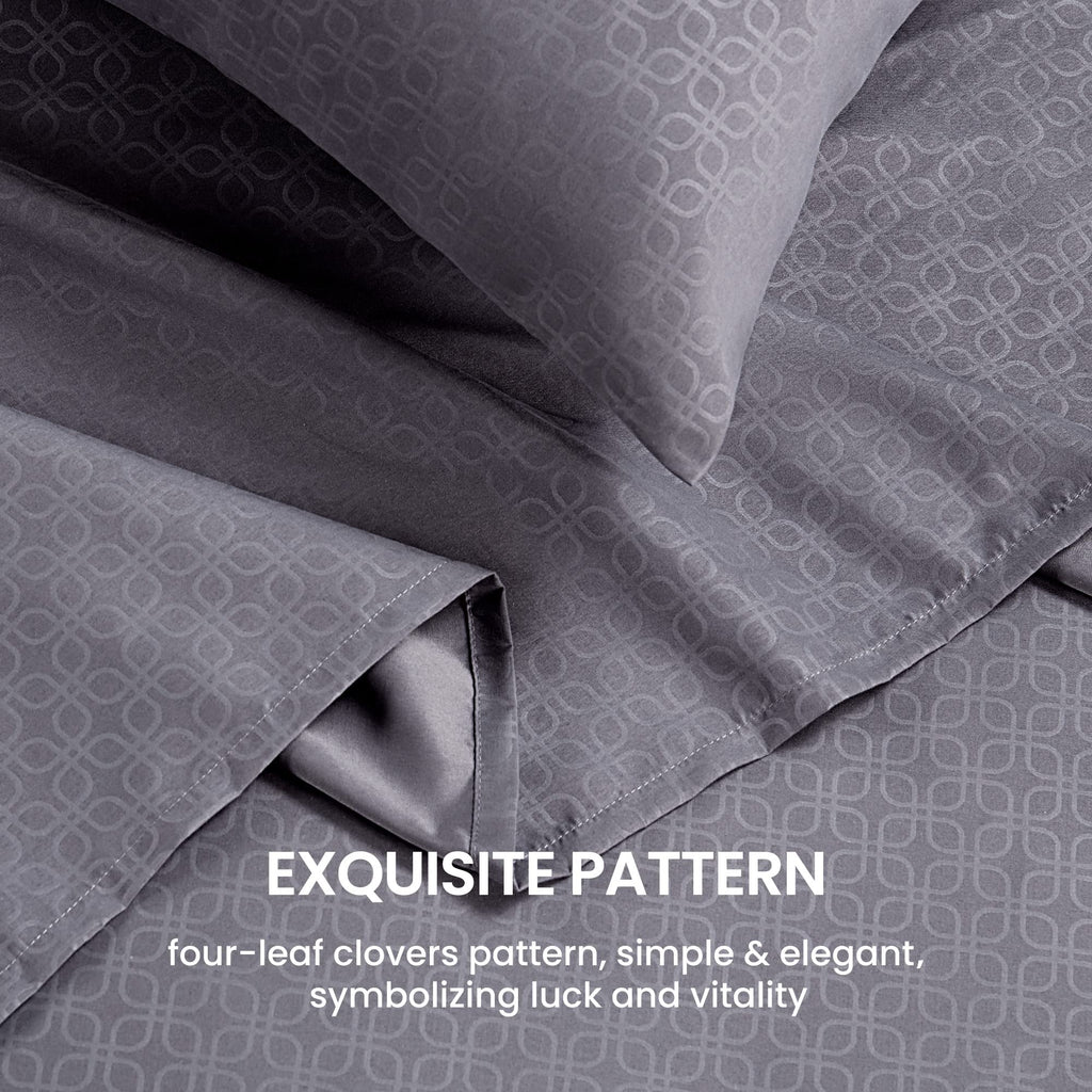 Sleep Zone Luxury Embossed Bed Sheets Set King Size, Four-Leaf Clover Pattern Sheet & Pillowcase Sets 4 Piece - Super Soft, Wrinkle Free, Fade Resistant, Deep Pocket 16' (Gray, King)