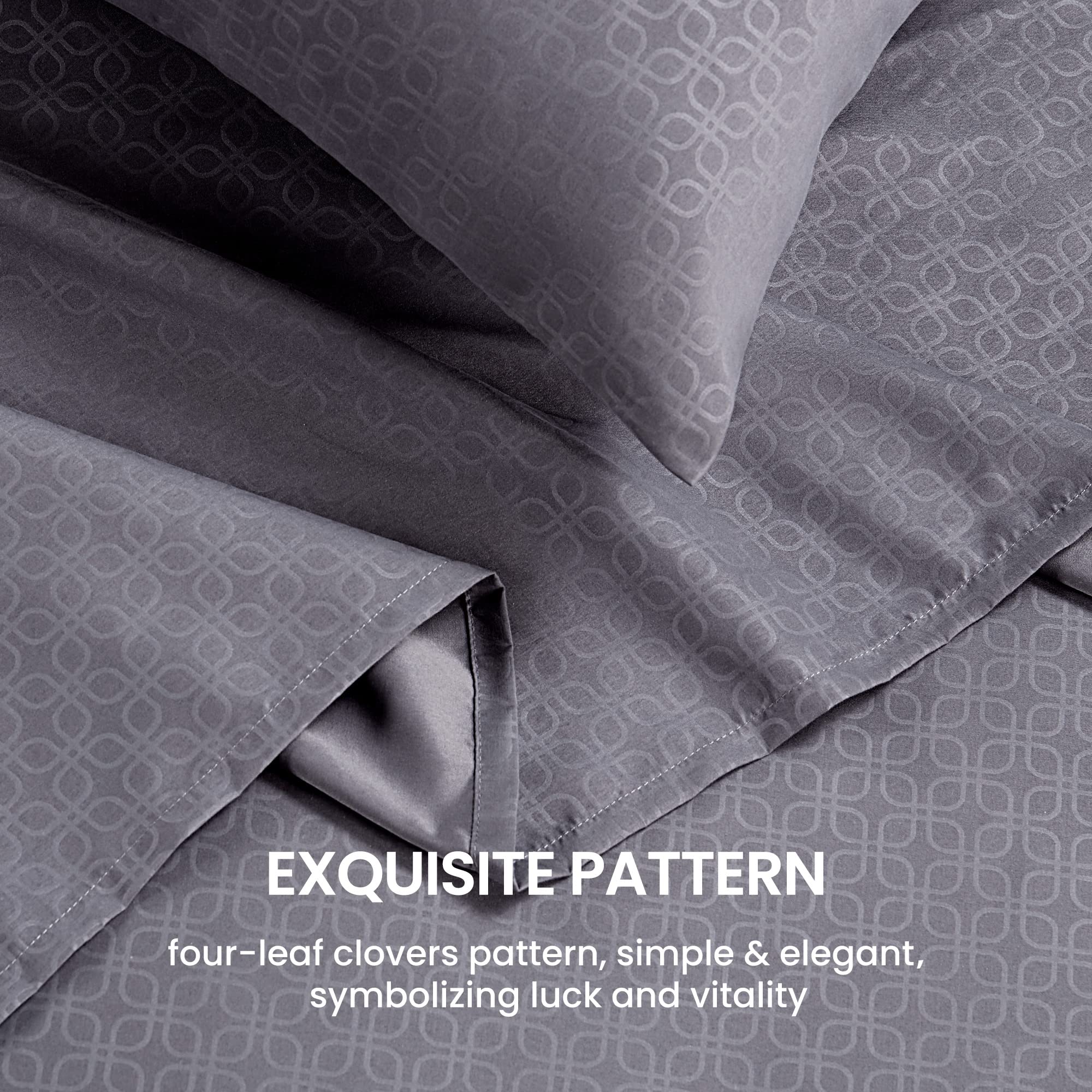 Sleep Zone Luxury Embossed Sheets Set Full Size, Four-Leaf Clover Pattern Sheet & Pillowcase Sets 4 Piece - Super Soft, Wrinkle Free, Fade Resistant, Deep Pocket 16' (Gray, Full)