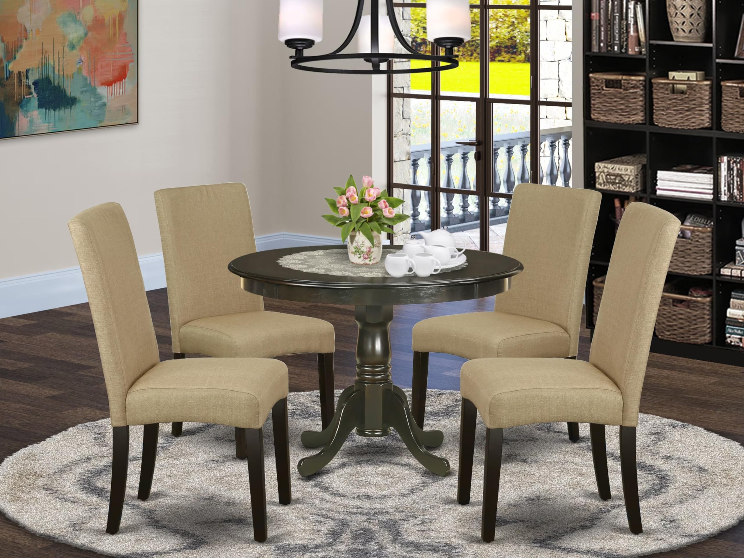 East West Furniture Hldr5-Cap-03 5 Piece Dining Set Includes A Round Dining Room Table With Pedestal And 4 Brown Linen Fabric Upholstered Parson Chairs, 42X42 Inch, Cappuccino