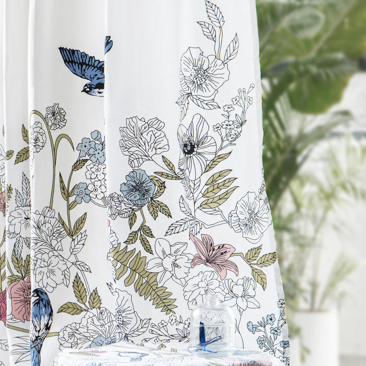 Tranquebar Curtain Co. Cotton Curtains 7 Feet Long Set of 2, 6065% Room Darkening, Blue Floral & Bird Print, Door Curtains 7 Fe