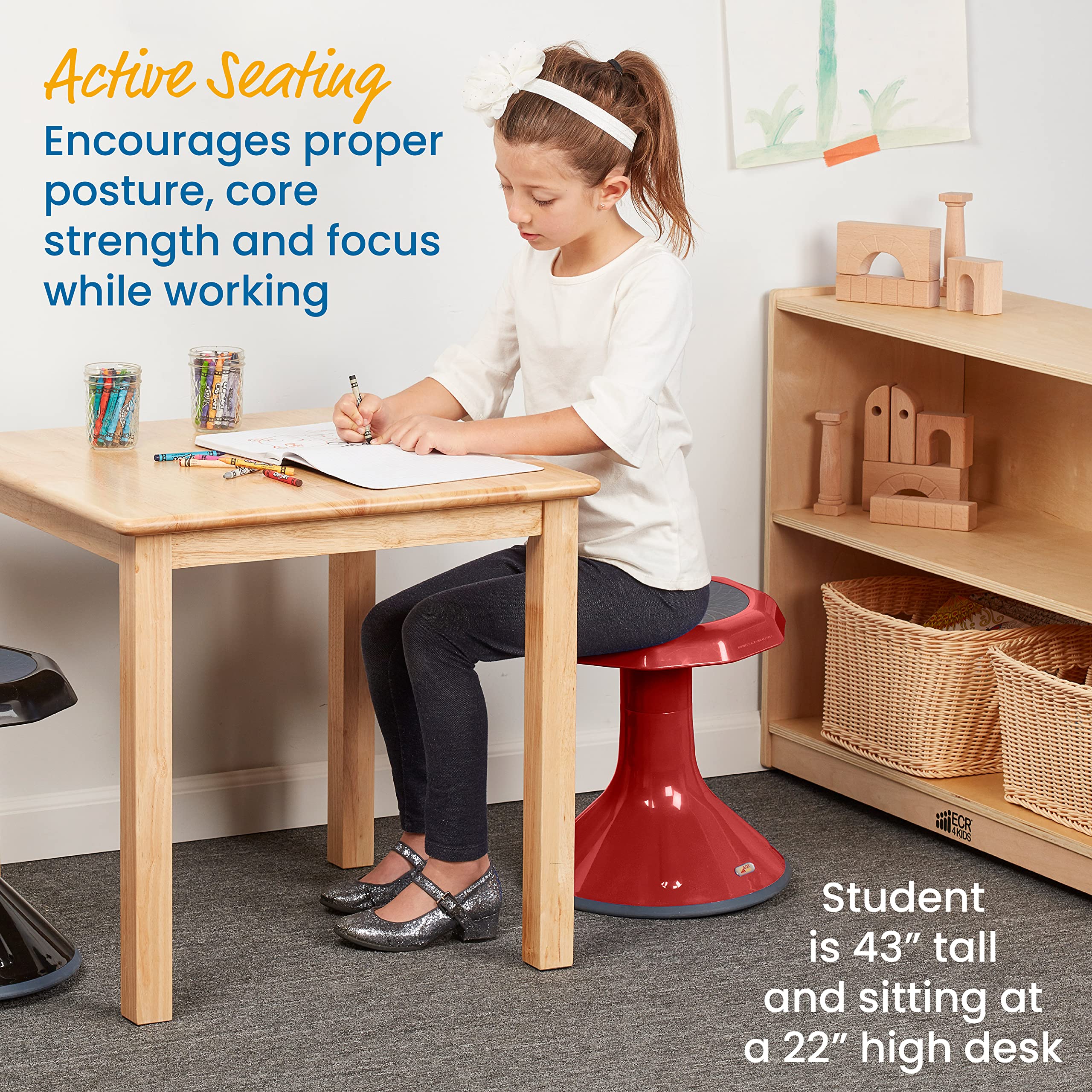 Ecr4Kids Ace Active Core Engagement Wobble Stool, 15-Inch Seat Height, Flexible Seating, Red