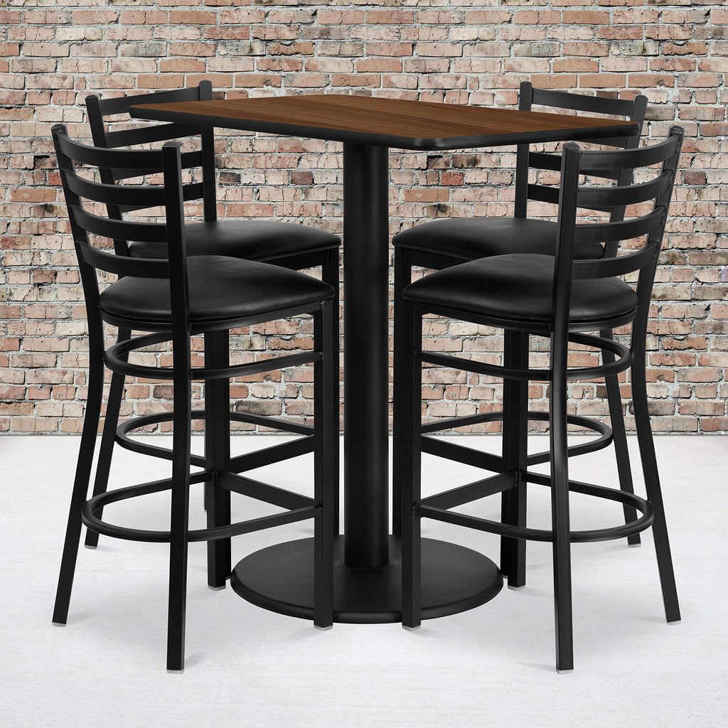 Flash Furniture Jamie 24'' x 42'' Rectangular Walnut Laminate Table Set with 4 Ladder Back Metal Barstools - Black Vinyl Seat