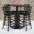 Flash Furniture Jamie 24'' x 42'' Rectangular Walnut Laminate Table Set with 4 Ladder Back Metal Barstools - Black Vinyl Seat