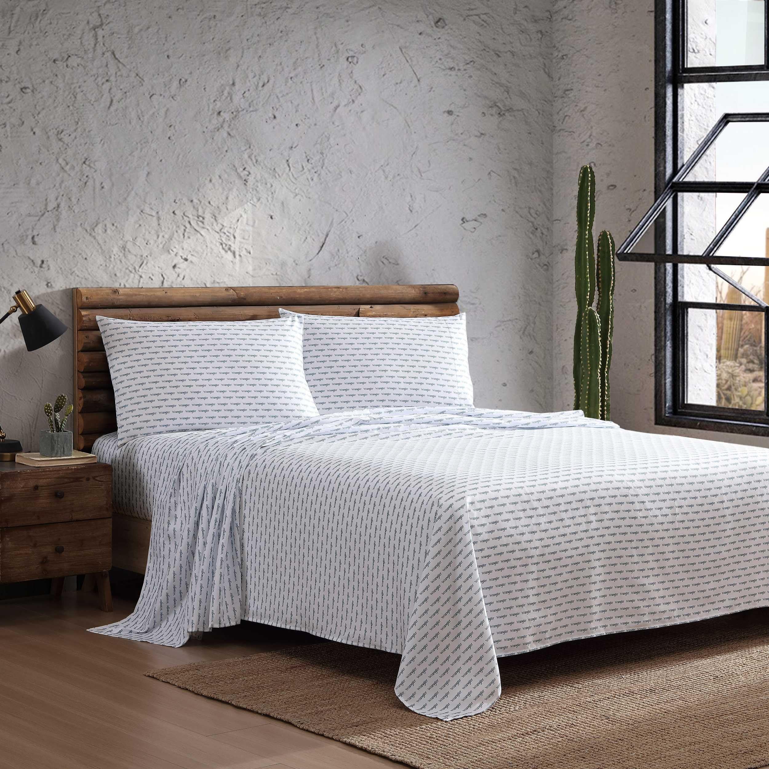 Wrangler - Sheet Set, Breathable & Wrinkle Resistant Bedding, Includes Matching Sham & Pillowcase, Yellowstone Inspired, Western Luxurious Bedding Set (Stamped Logo Blue, Twin)