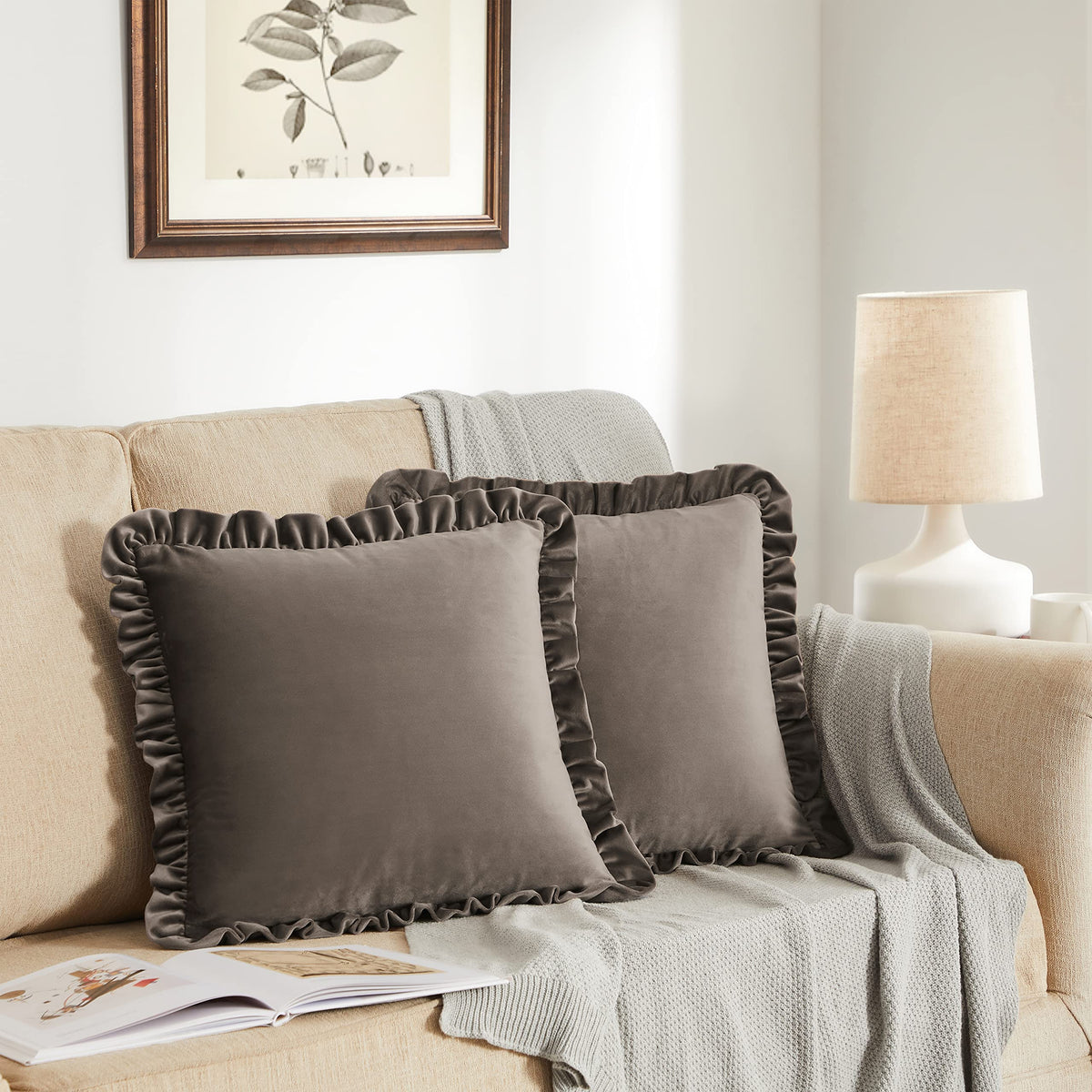 Gigizaza Brown Decorative Throw Pillow Covers, 16X16 Velvet Ruffle Cushion Pillow Covers For Sofa Couch Set Of 2