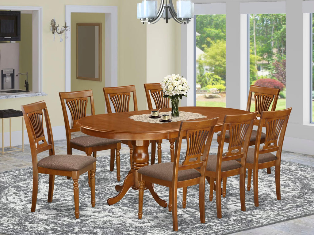 East West Furniture PLAI9-SBR-C 9 Piece Dining Set Includes an Oval Dining Room Table with Butterfly Leaf and 8 Linen Fabric Upholstered Chairs, 42x78 Inch, Saddle Brown