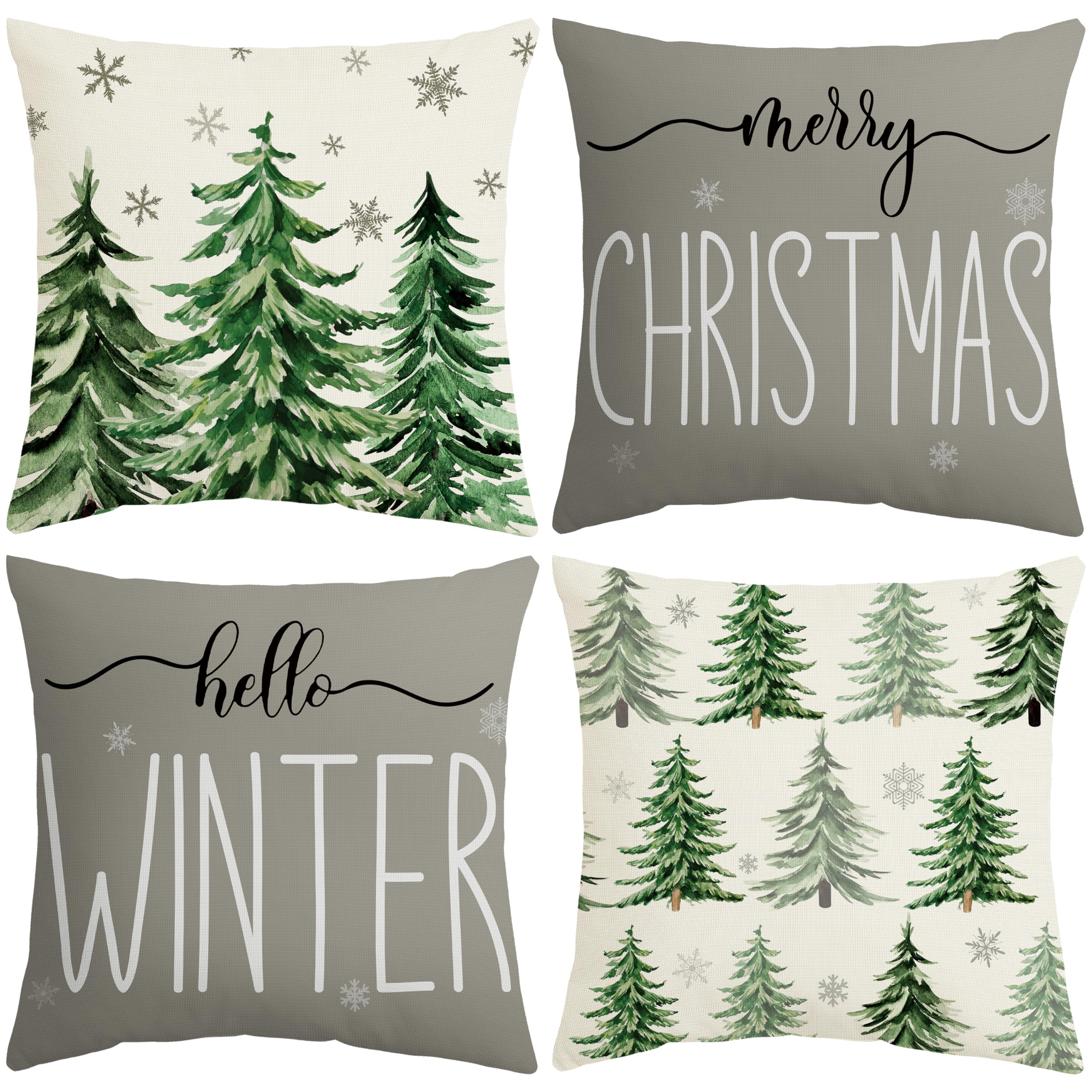 Thaway Christmas Pillow Covers 18X18 Inch Set Of 4 Christmas Trees Hello Winter Merry Christmas Decorative Cushion Covers Xmas D
