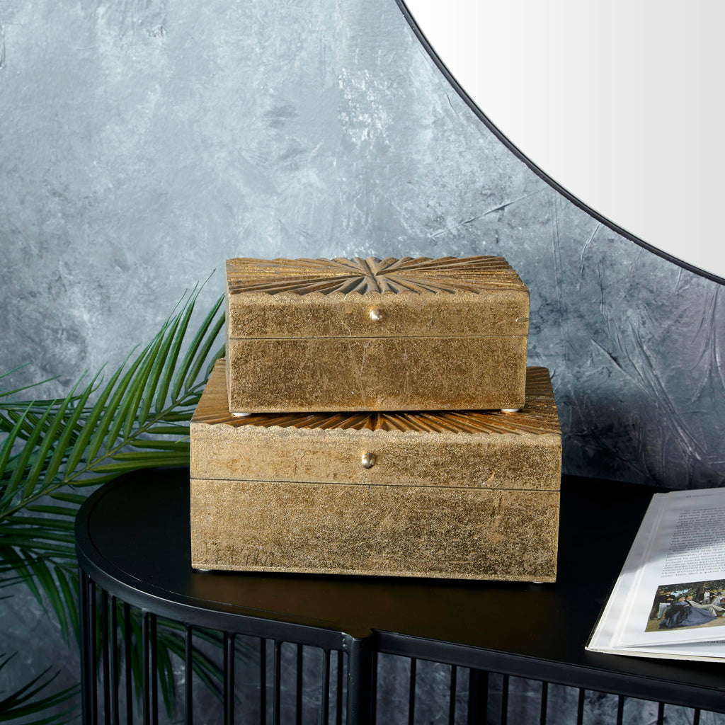 Cosmoliving By Cosmopolitan Wood Geometric Decorative Box Decorative Keepsake Boxes With Hinged Lid, Set Of 2 Storage Boxes 10''