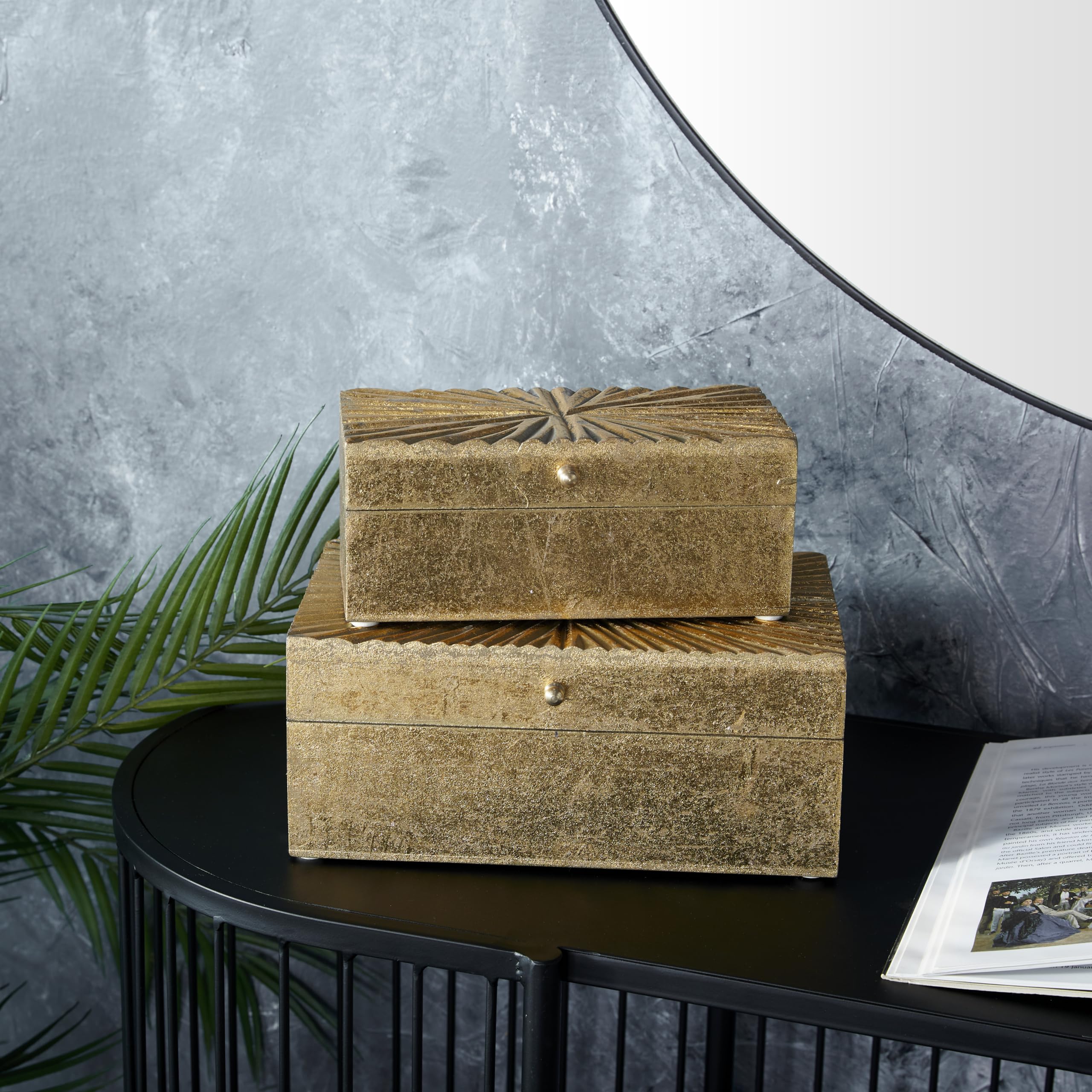 Cosmoliving By Cosmopolitan Wood Geometric Decorative Box Decorative Keepsake Boxes With Hinged Lid, Set Of 2 Storage Boxes 10''