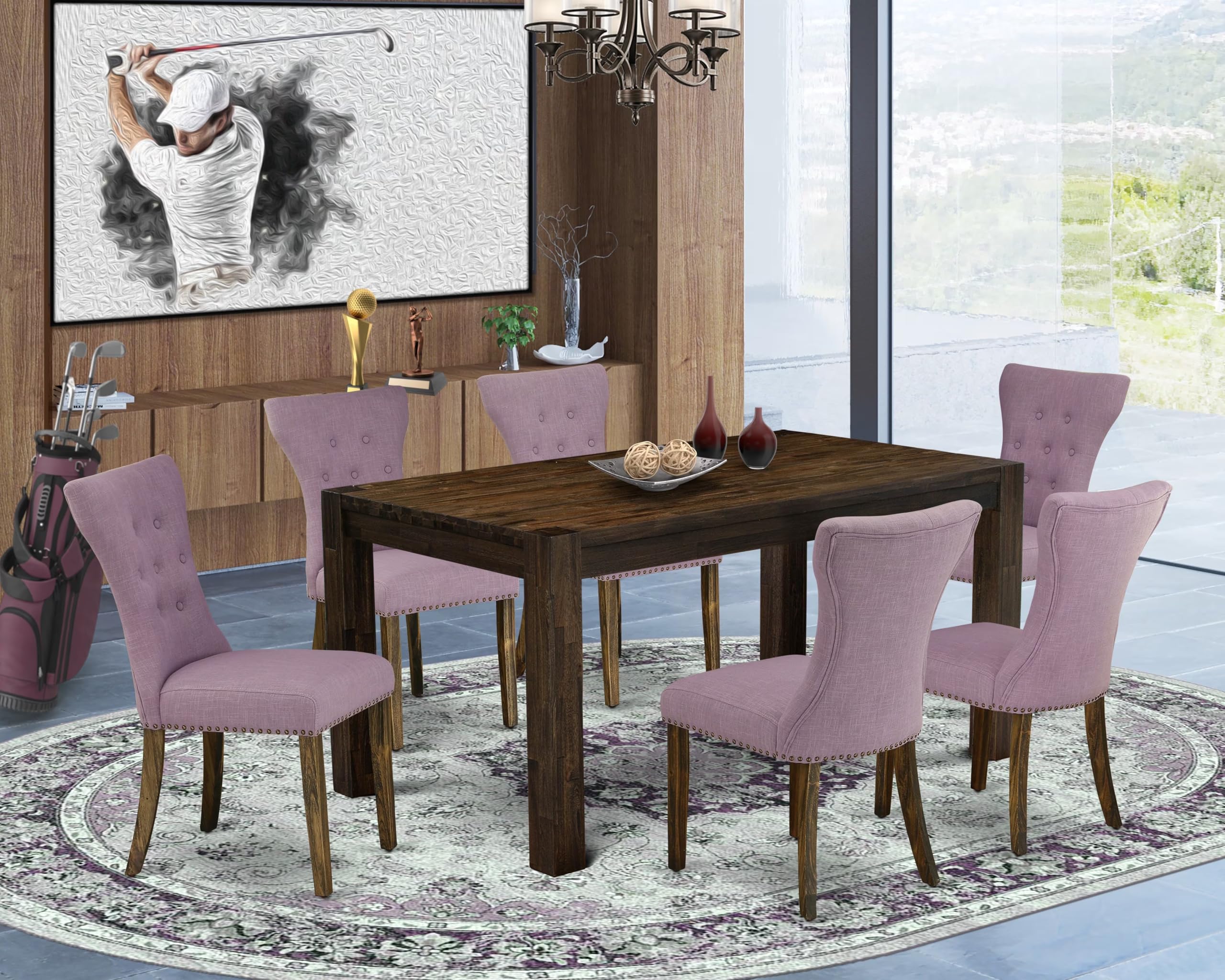 East West Furniture Cnga7-77-40 7 Piece Dining Room Table Set Consist Of A Rectangle Rustic Wood Kitchen Table And 6 Dahlia Linen Fabric Parsons Dining Chairs, 36X60 Inch, Jacobean