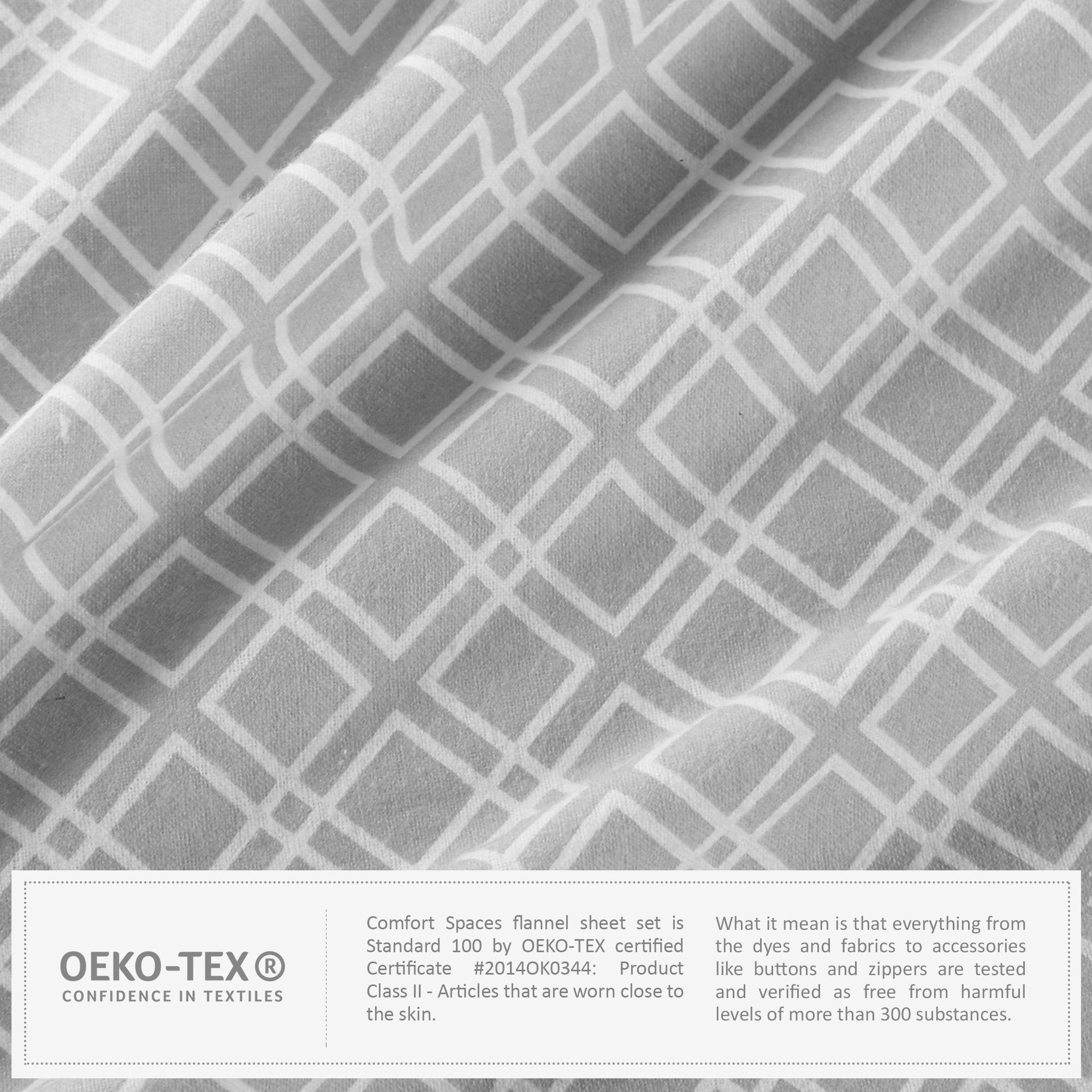 Comfort Spaces Cotton Flannel Breathable Warm Deep Pocket Sheets With Pillow Case Bedding, King, Grey Geo 4 Piece