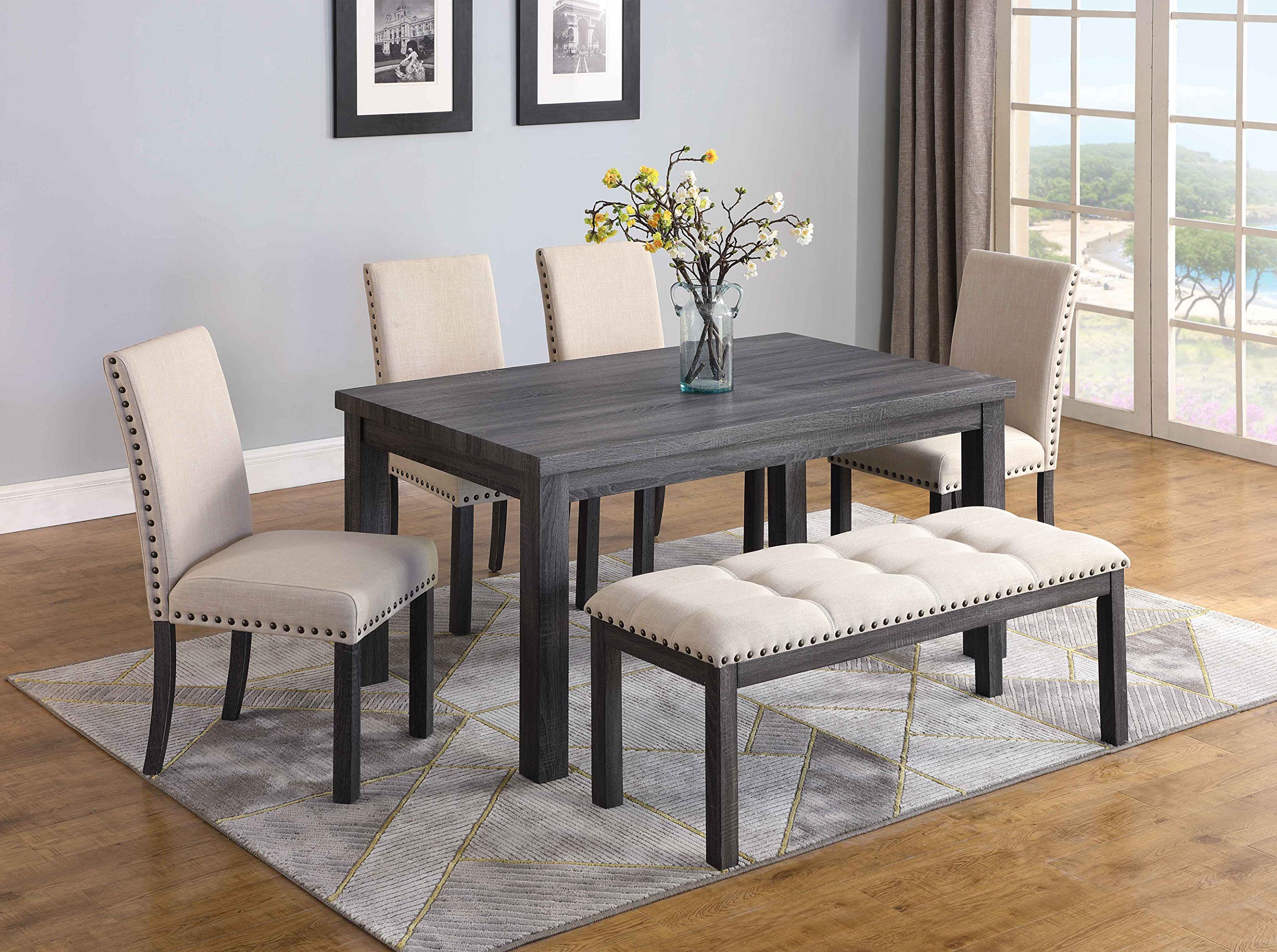 Best Master Furniture Helena 6 Pcs Dining Set With Bench, Antique Grey