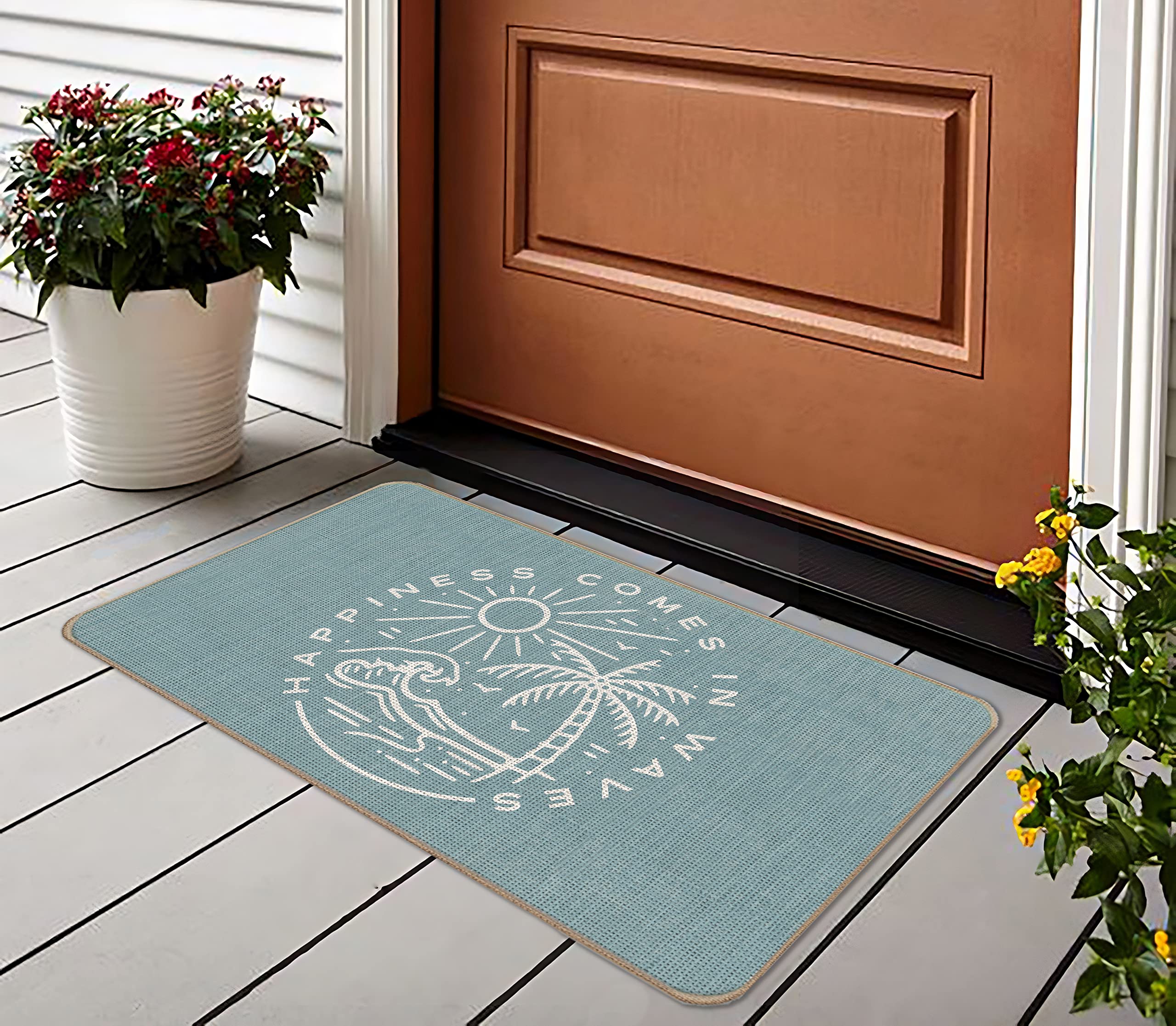 Lacosu Summer Beach House Happiness Comes In Waves Blue Rustic Door Mat Doormat,17'X30' Decorative Coastal Beach House Indoor