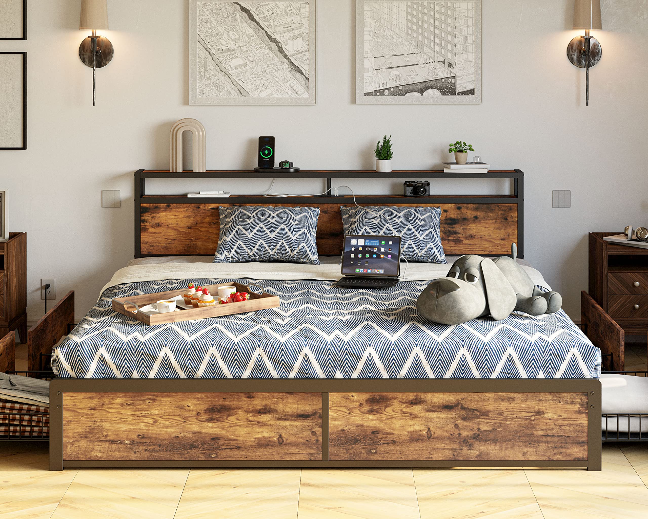 LIKIMIO King Bed Frame with Storage Drawer, 2-Tier Storage Headboard with Charging Station, No Box Spring Needed, Easy Assembly,
