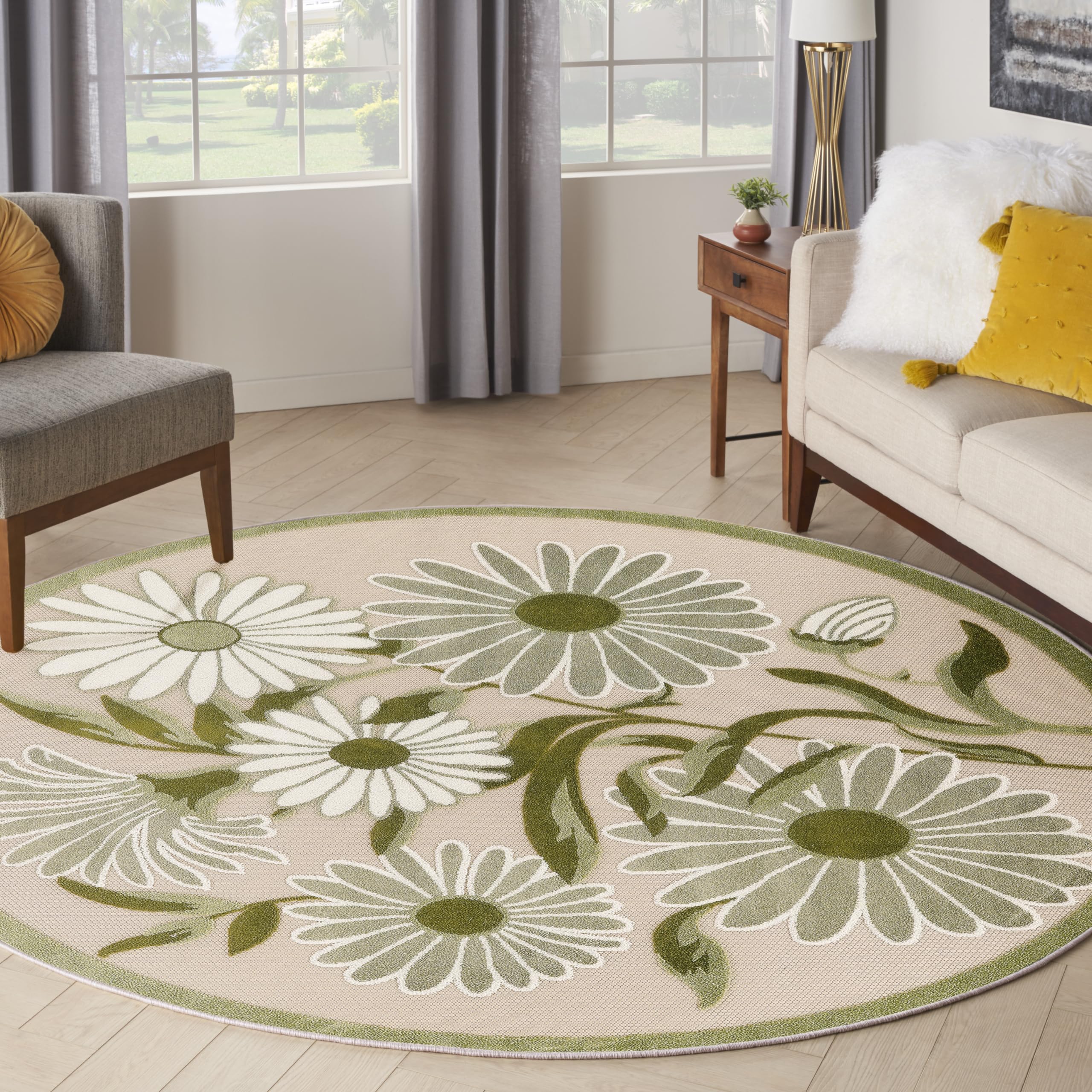 Nourison Aloha Indoor-Outdoor Ivory Green 710 x Round Area Rug, Easy-Cleaning, Non Shedding, Bed Room, Living Room, Dining Room