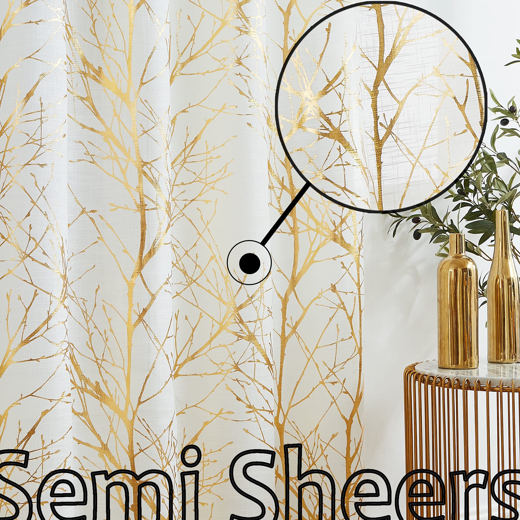 Fmfunctex Semi Sheer Curtains Gold Metallic Print White Tree Curtain Panel For Living Room Bedroom Modern Branch Pattern Draperi