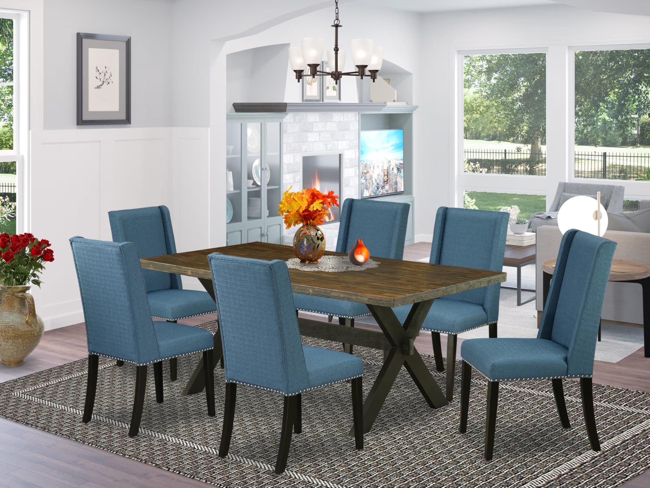 East West Furniture X677Fl121-7 7 Piece Kitchen Table Set Consist Of A Rectangle Dining Table With X-Legs And 6 Blue Linen Fabric Parsons Dining Chairs, 40X72 Inch, Multi-Color