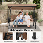 Homrest 3 Seat Outdoor Porch Swing With Adjustable Canopy, Convertible Patio Swing Bed With Stand, Patio Glider Swing With Upgraded Cup Holder, Thicken Cushions & Pillow For Backyard (Brown)