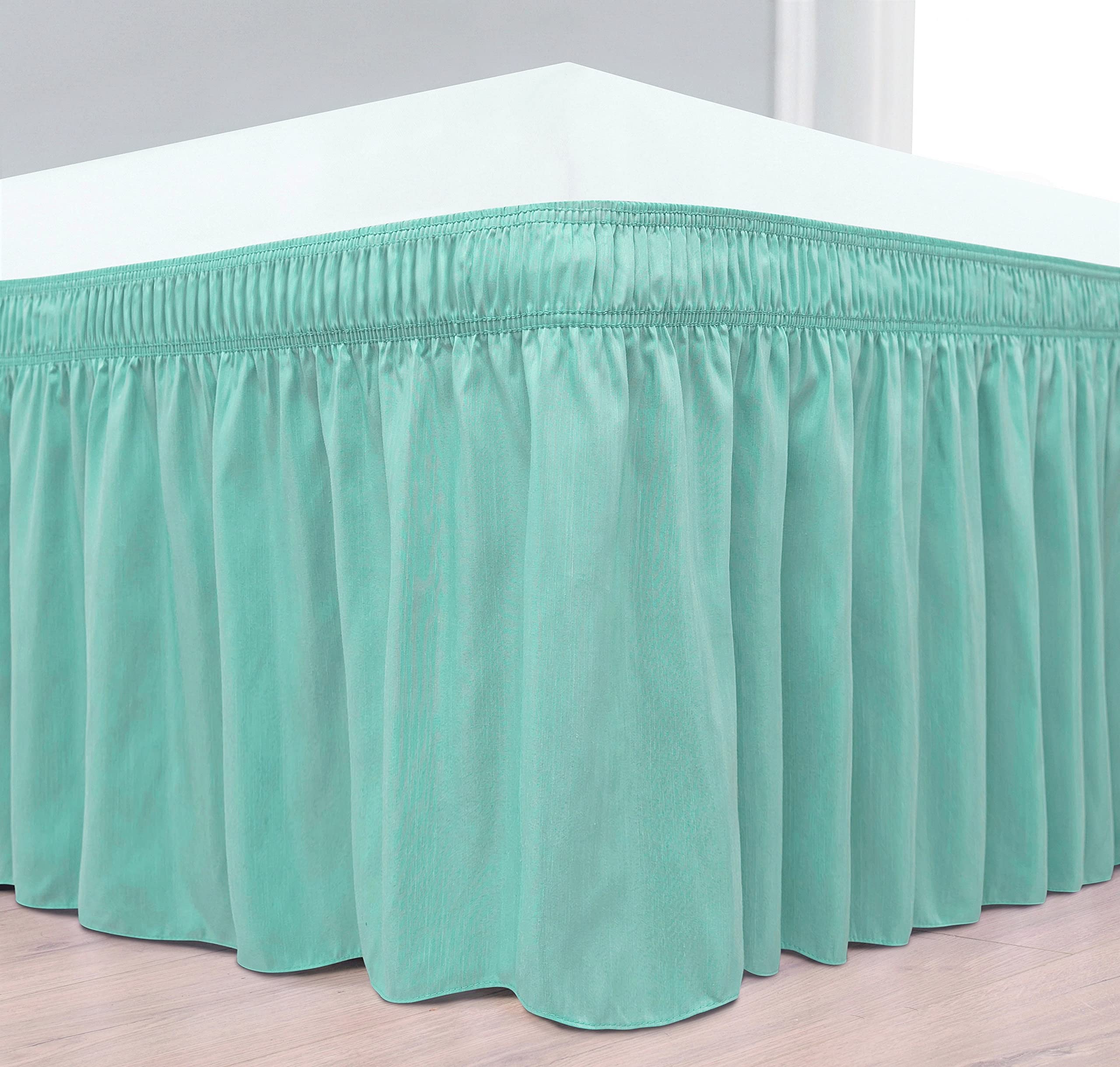 Biscaynebay Wrap Around Bed Skirts For Full & Full Xl Beds With 15' Drop, Aqua Adjustable Elastic Dust Ruffles Easy Fit Wrinkle