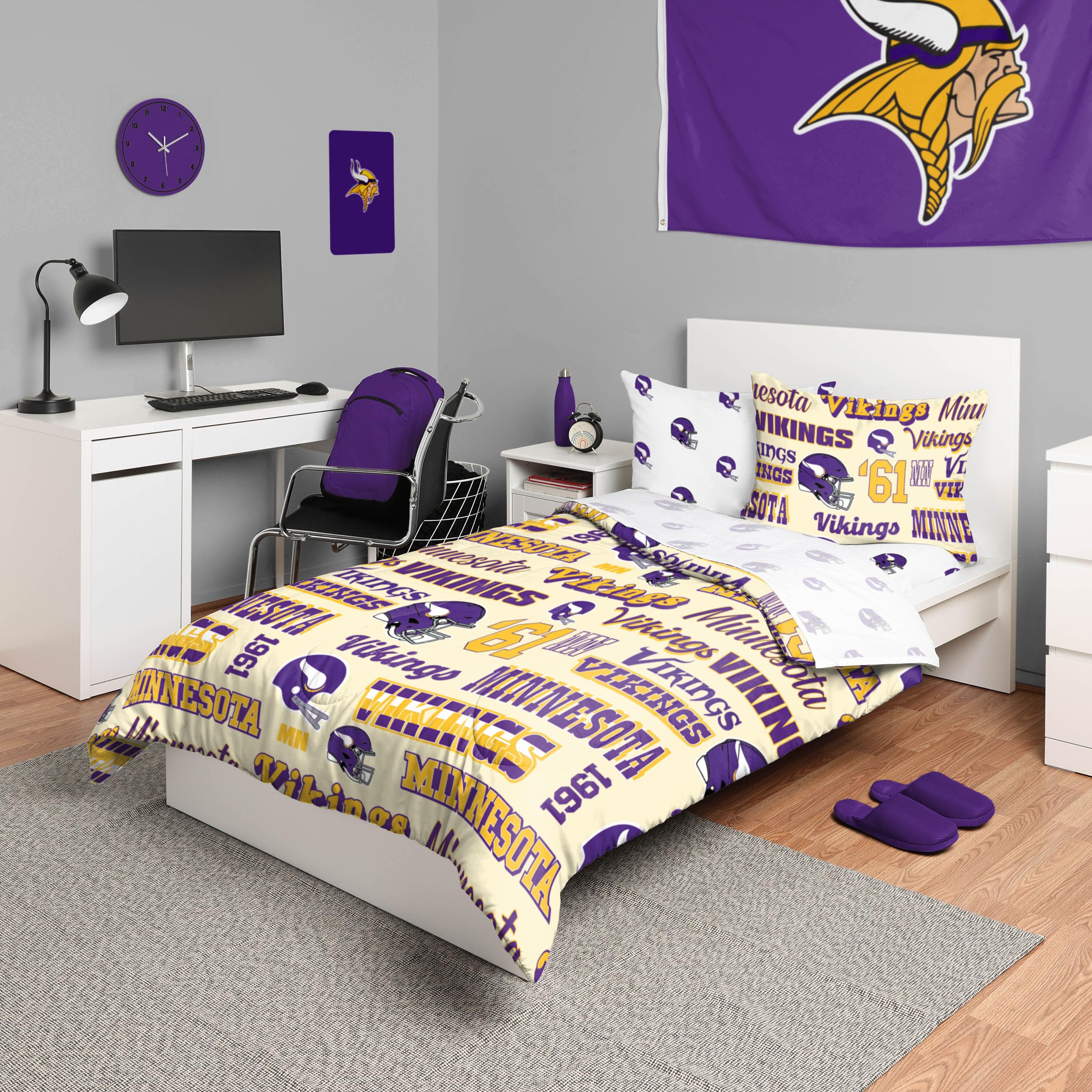 Foco Minnesota Vikings Nfl Retro Bed In A Bag Comforter Bedding 5 Piece Full Set