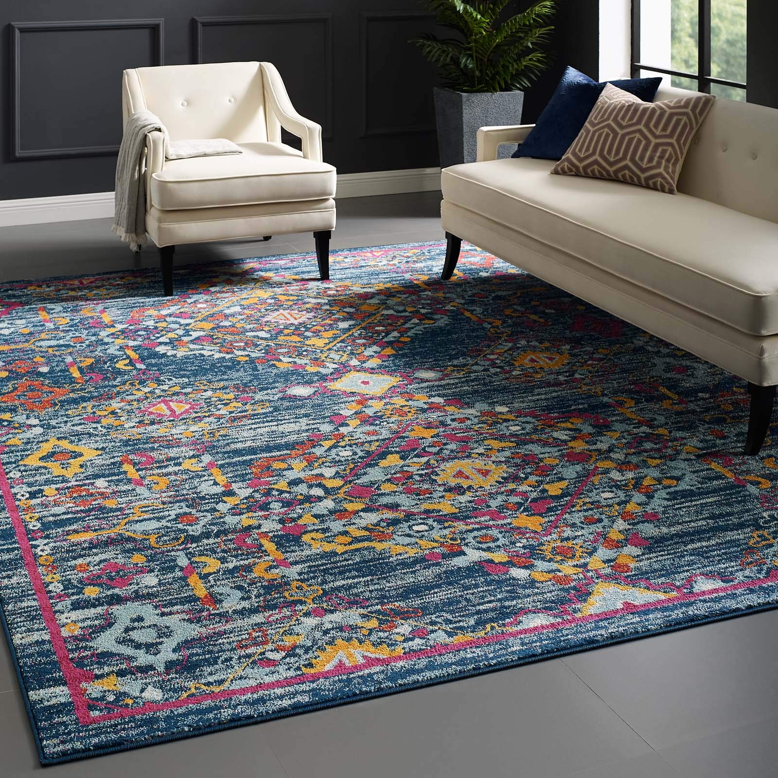 Modway Entourage Khalida Distressed Vintage Floral Lattice 8X10 Area Rug, Blue, Orange, Yellow, Red