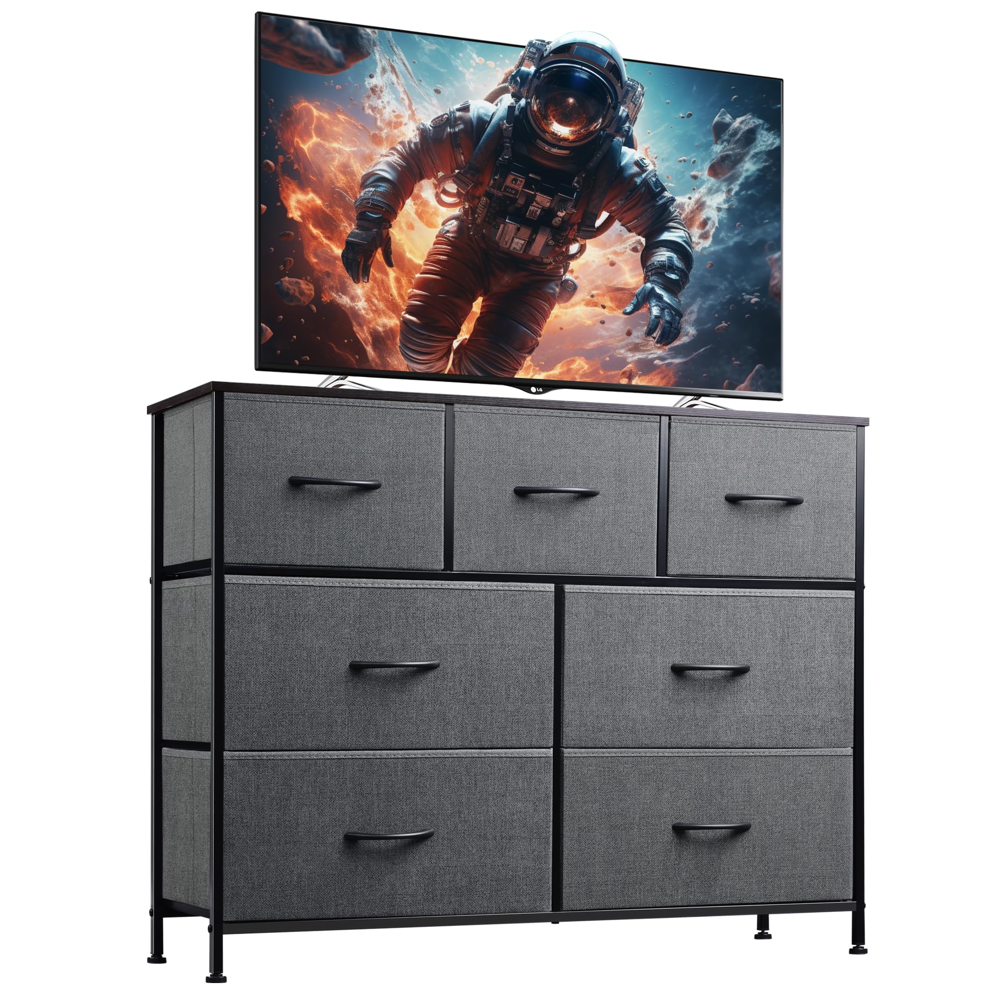 WLIVE 7 Drawer Dresser TV Stand, Entertainment Center, Media Console Table with Metal Frame and Wood Top for TV up to 45 inch, C