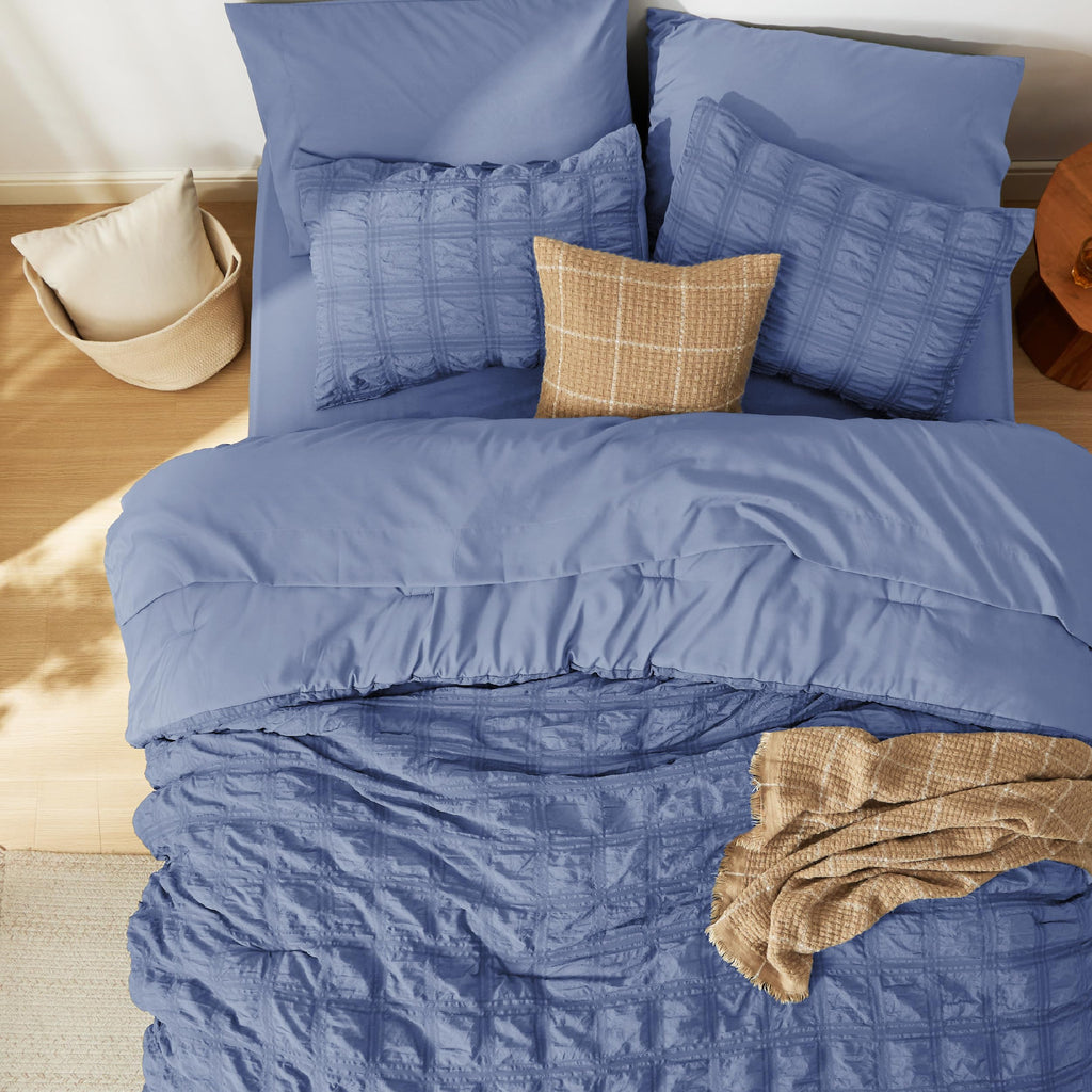 Bedsure Full Size Comforter Sets - Bed In A Bag Full Size 7 Pieces Plaid Seersucker Bedding Set, Soft Lightweight Down Alternati