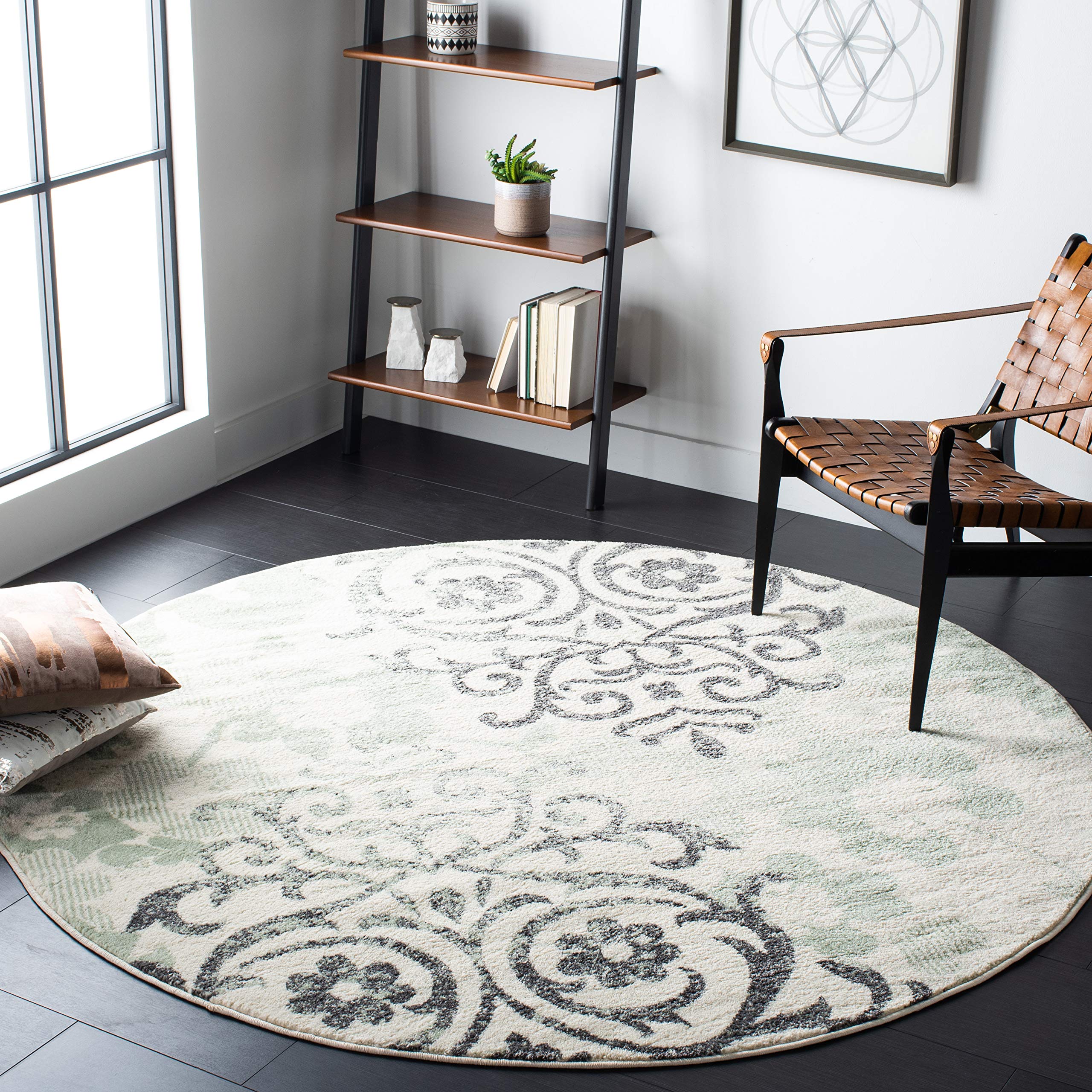 Safavieh Adirondack Collection Area Rug - 8 Round, Ivory & Green, Floral Glam Damask Distressed Design, Ideal for High Traffic 