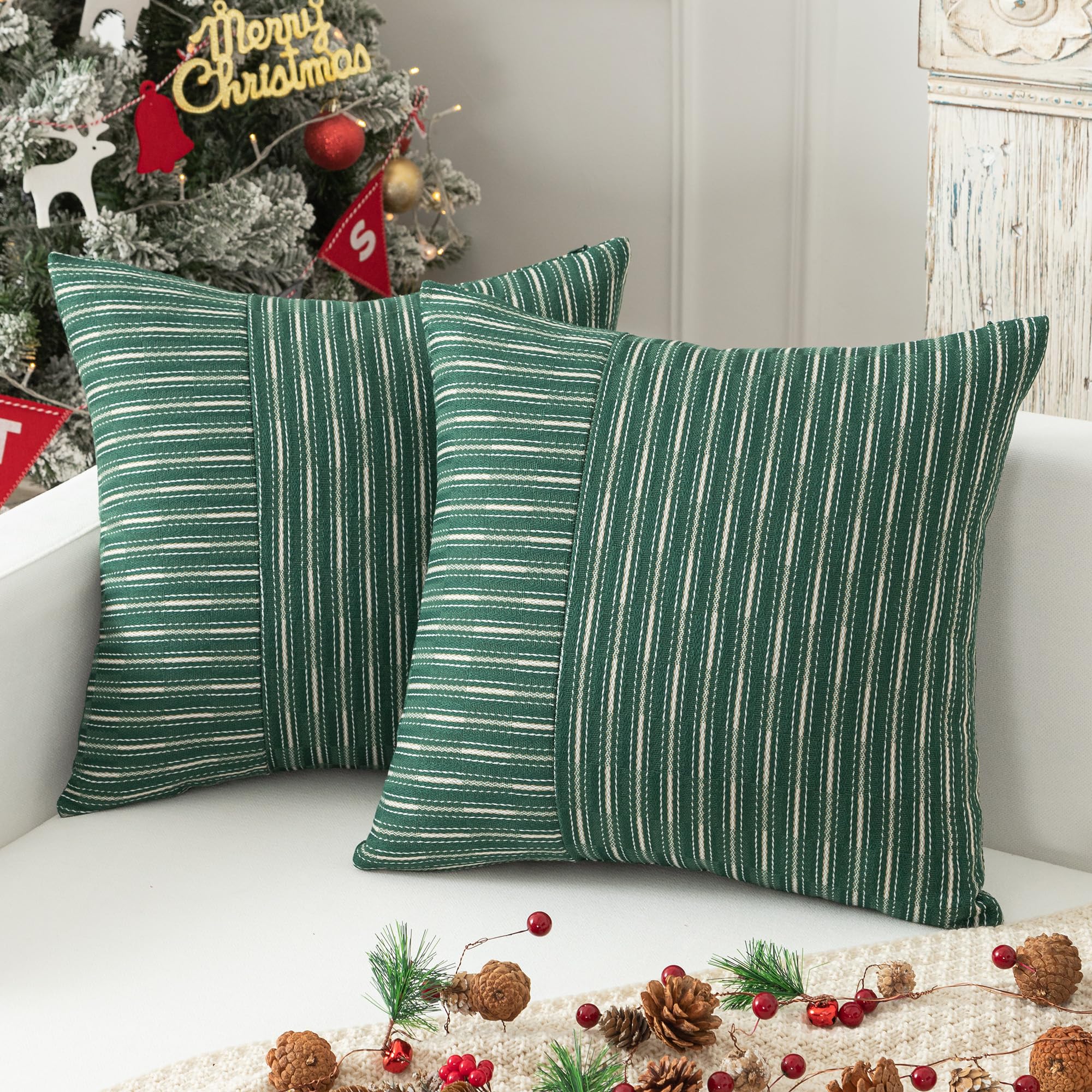 Kevin Textile Dark Green And Beige Patchwork Farmhouse Throw Pillow Covers 16 X 16 Inch, Christmas Pack Of 2 Striped Linen Decorative Pillow Case For Sofa Couch Chair Bedroom Modern Decor