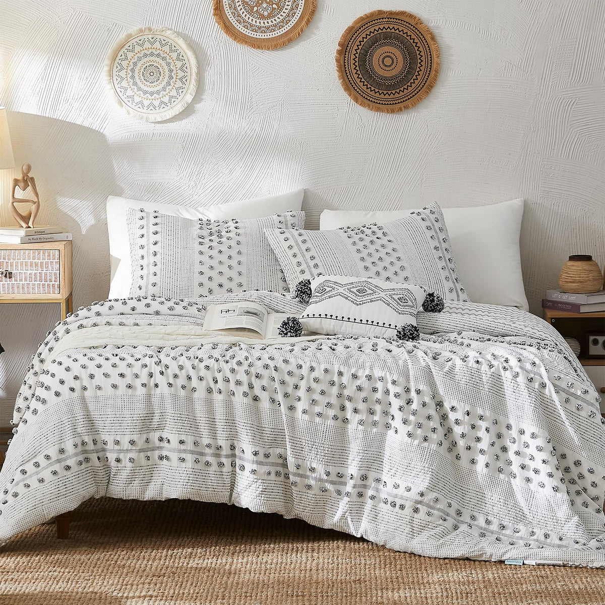 Geniospin Twin Comforter Set 6 Pieces, White And Black, Microfiber, All Season Alternative, Includes Comforter, Flat Sheet, Fitt